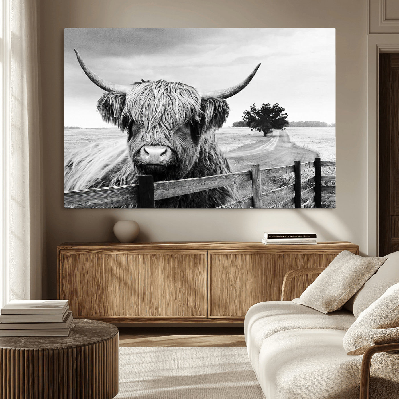 -Scottish Highland Cow Wall Art | Rustic Farmhouse Décor | Black and White Ready to Hang Canvas Print