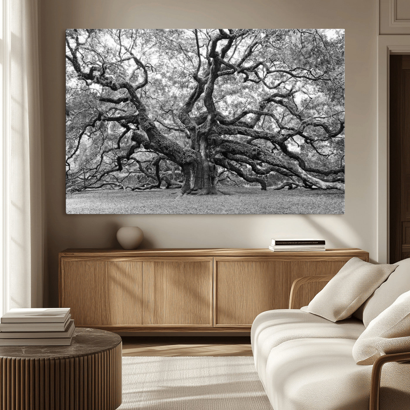 12314-MGV-CV-36X24-Black White Angel Oak Tree Wall Art - Timeless Nature-Inspired Canvas for Rustic, Modern, or