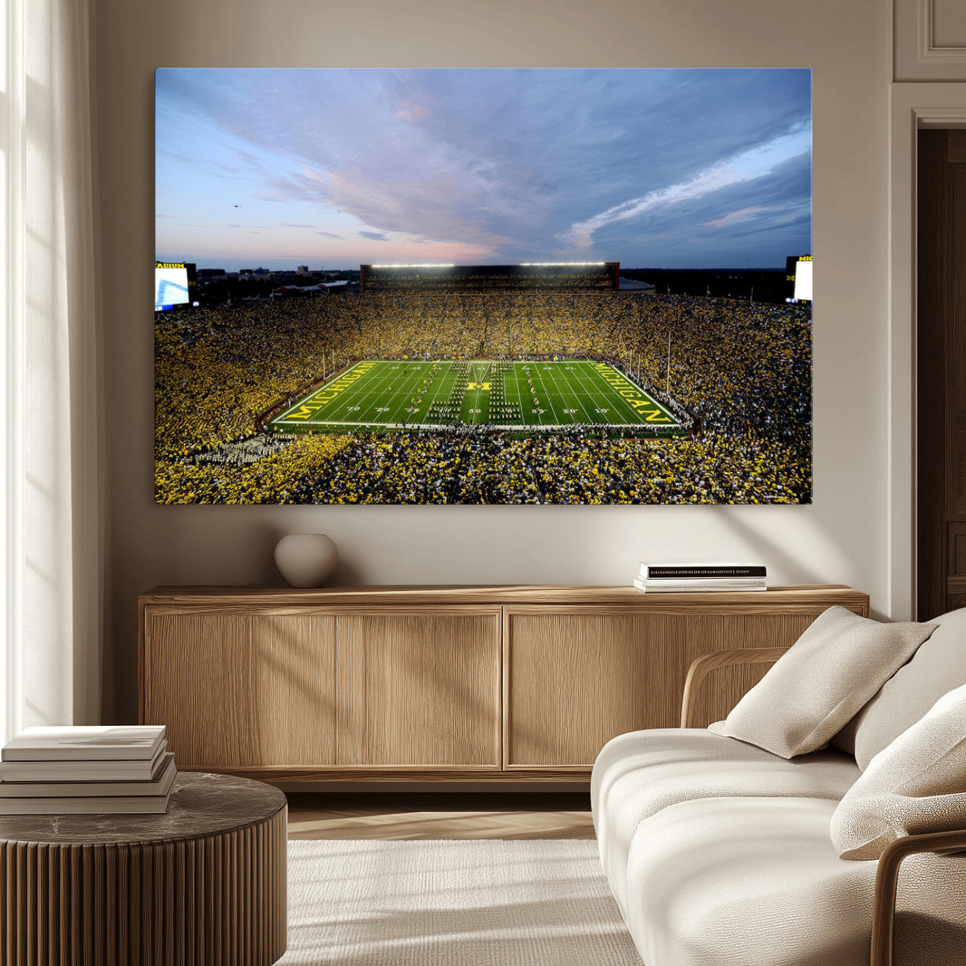82641-MGV-CV-36X24-Michigan Stadium Wall Art Canvas Print – Framed Football Field Scene with Marching Band Artwork for Home, Office