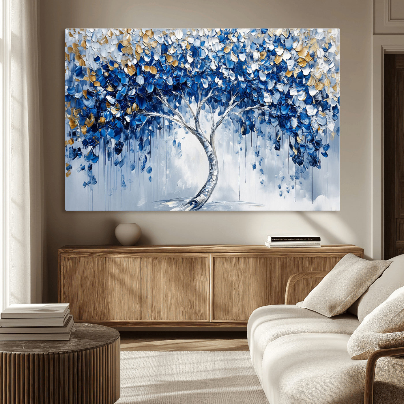 62350-MGV-CV-36X24-Blue and Gold Abstract Tree Wall Art Canvas Print | Modern Tree of Life Painting | Framed Canvas