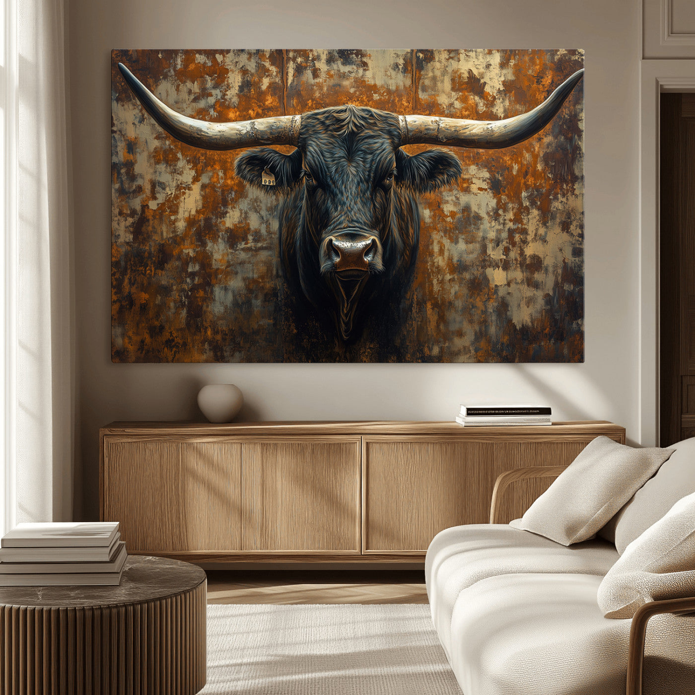 68068-MGV-CV-36X24-Longhorn Texas Cow Bull Wall Art | Rustic Farmhouse Canvas Print | Ready to Hang Barn Decor for
