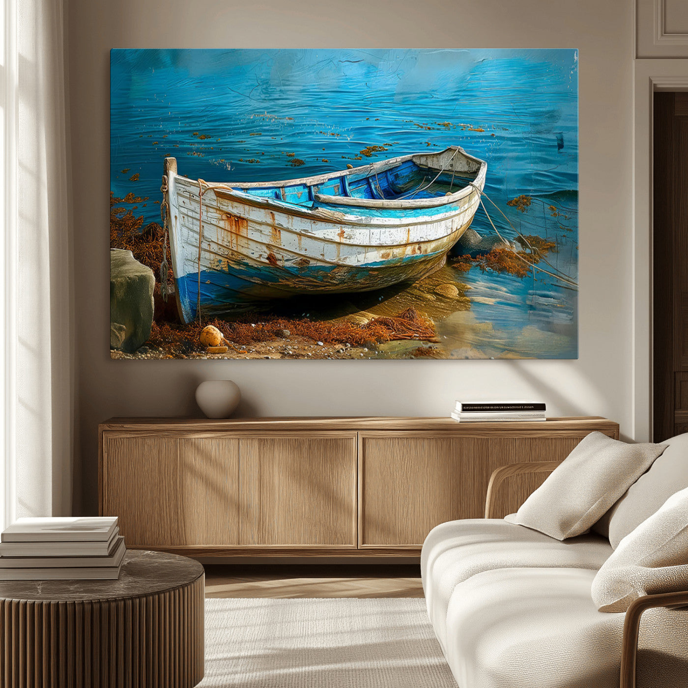 54716-MGV-CV-36X24-Vintage Boat on Tranquil Waters | Coastal Wall Art for Nautical Decor | Rustic Triptych Canvas Print