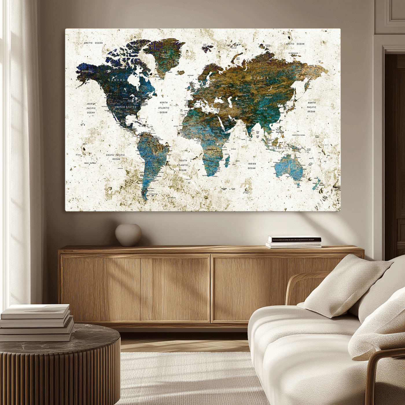 89176-MGV-CV-36X24-Vintage Blue and Brown World Map Canvas Wall Art – Framed Rustic Map Print, Earth Tone Travel Decor for Stylish Home and Office Walls