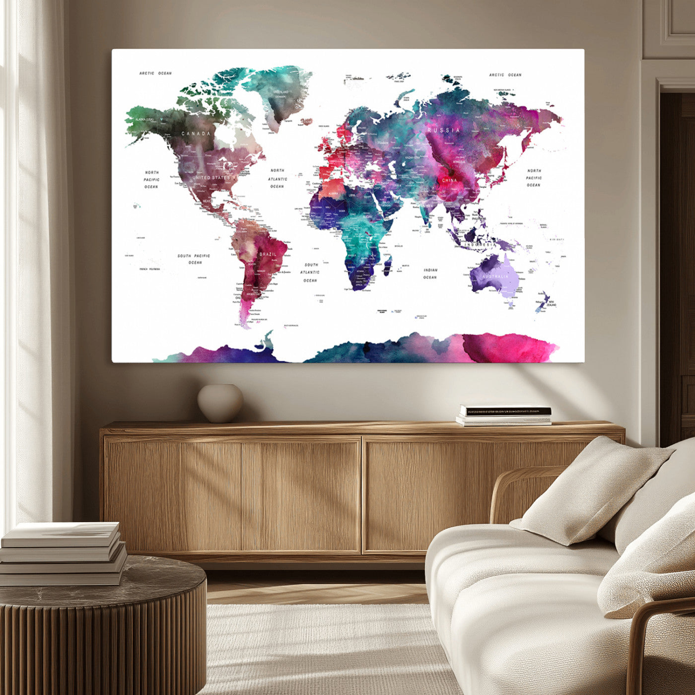 78176-MGV-CV-36X24-Colorful Watercolor World Map Canvas Wall Art – Framed Modern Map Print, Vibrant Travel Inspired Artwork for Home and Office Decor