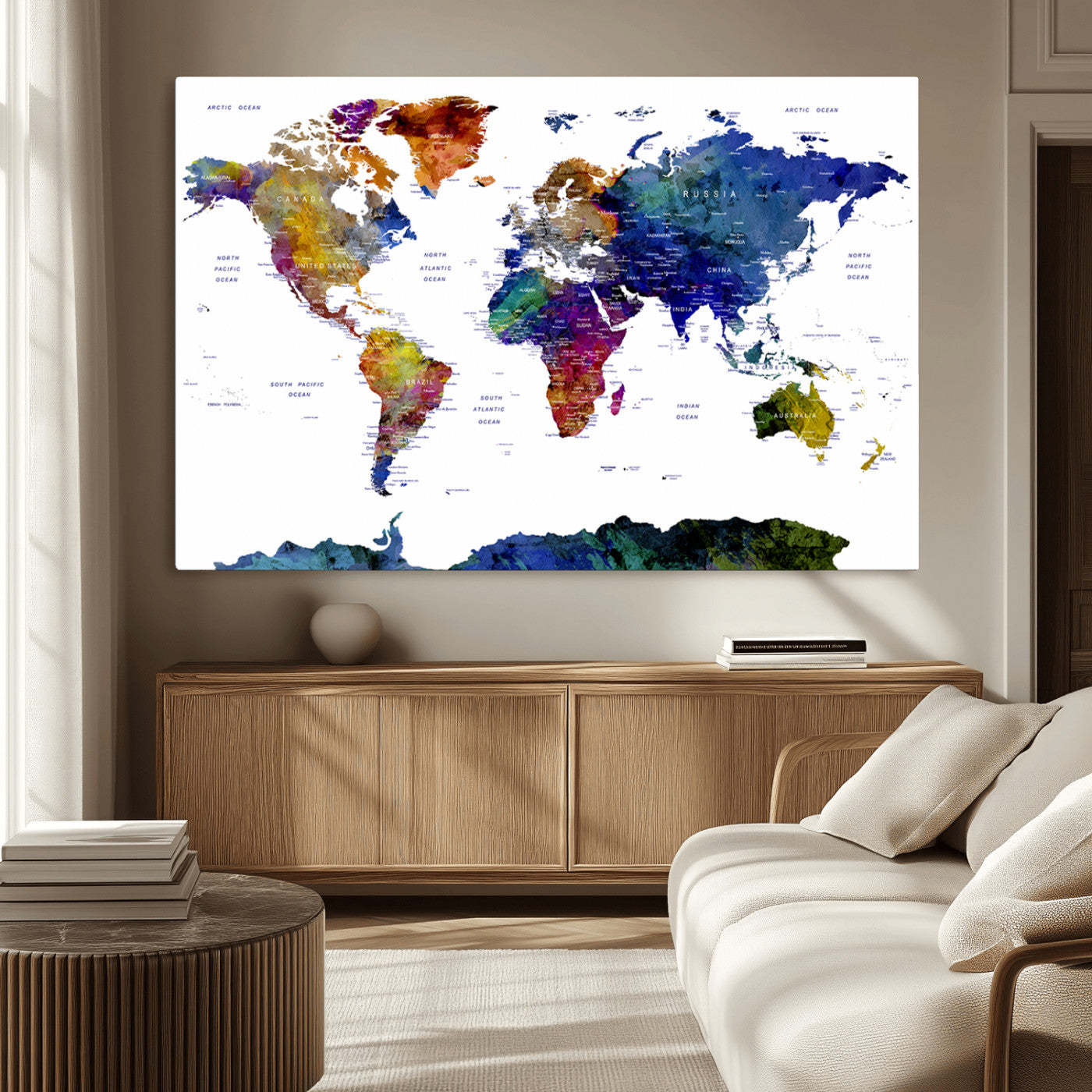 90446-MGV-CV-36X24-Colorful Watercolor World Map Canvas Wall Art – Framed Modern Push Pin Travel Map for Home and Office Decor