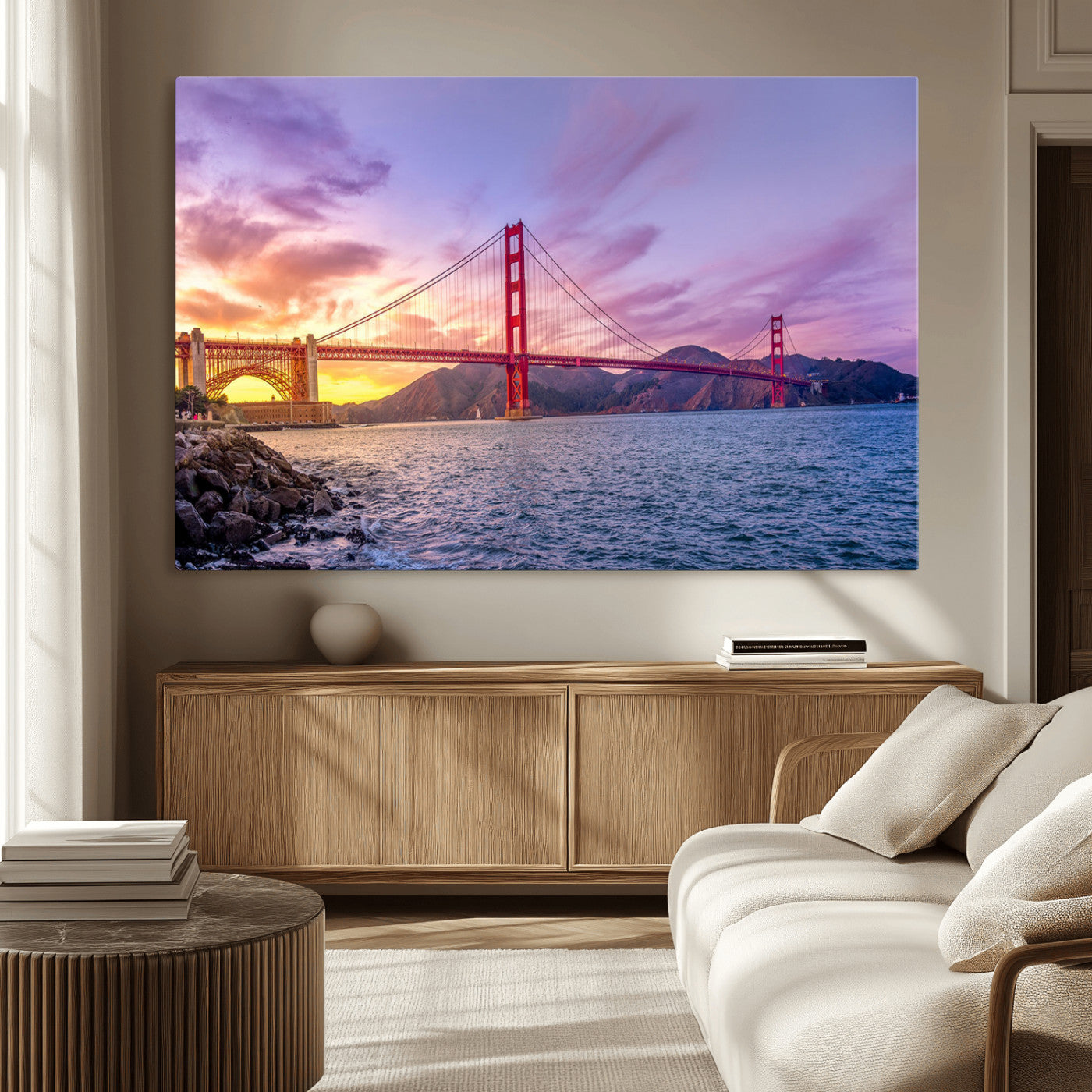 MGV-CV-36X24 - Golden Gate Bridge Wall Art Print, San Francisco Sunset Canvas Wall Art, Cityscape Canvas Print for
