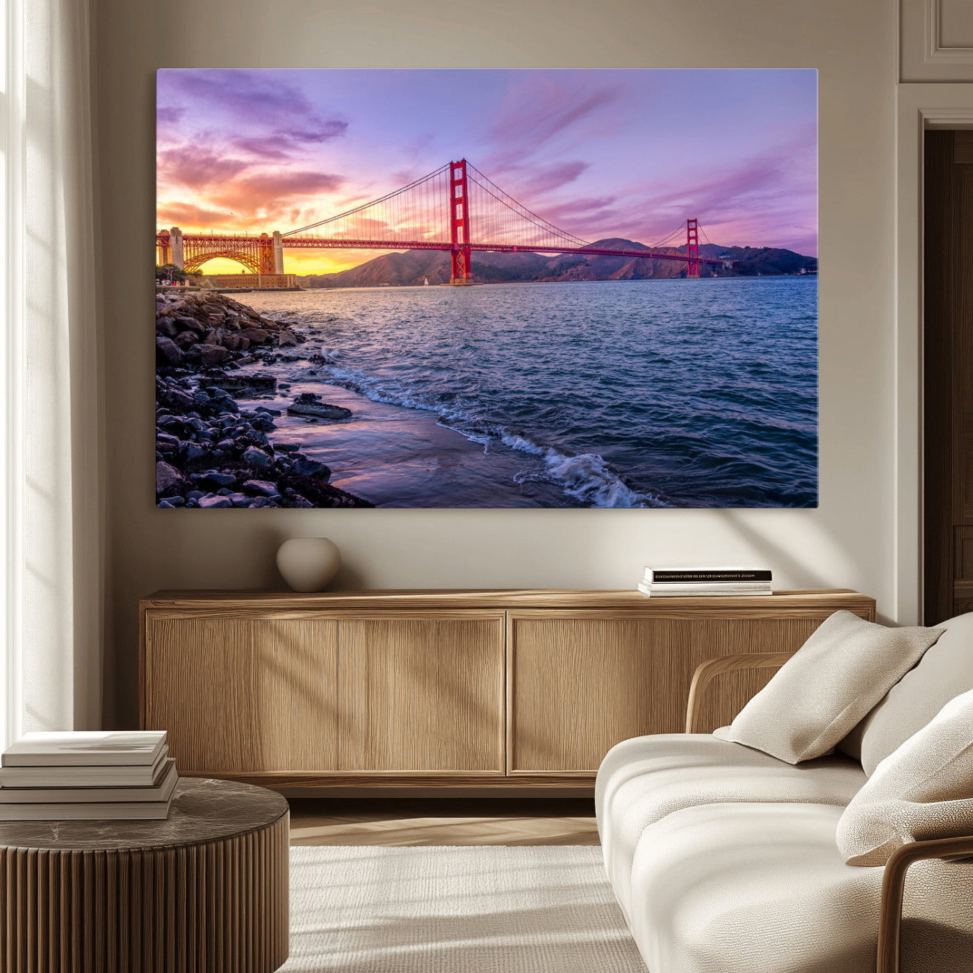 -Golden Gate Bridge Wall Art Canvas Print – Framed San Francisco Sunset Scene with Cityscape Artwork for Home, Office