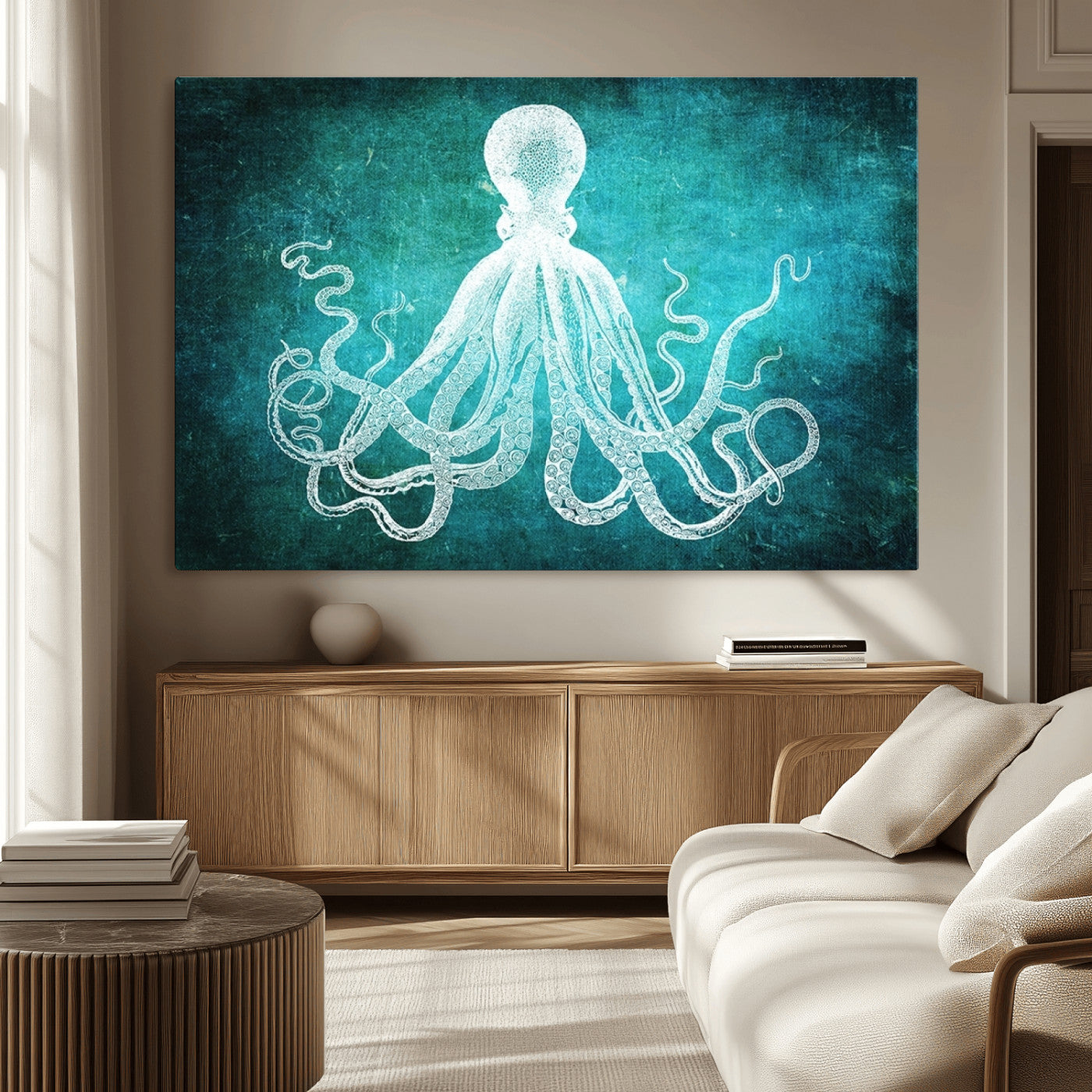 20773-MGV-CV-36X24-Green Octopus Abstract Wall Art Canvas Print
