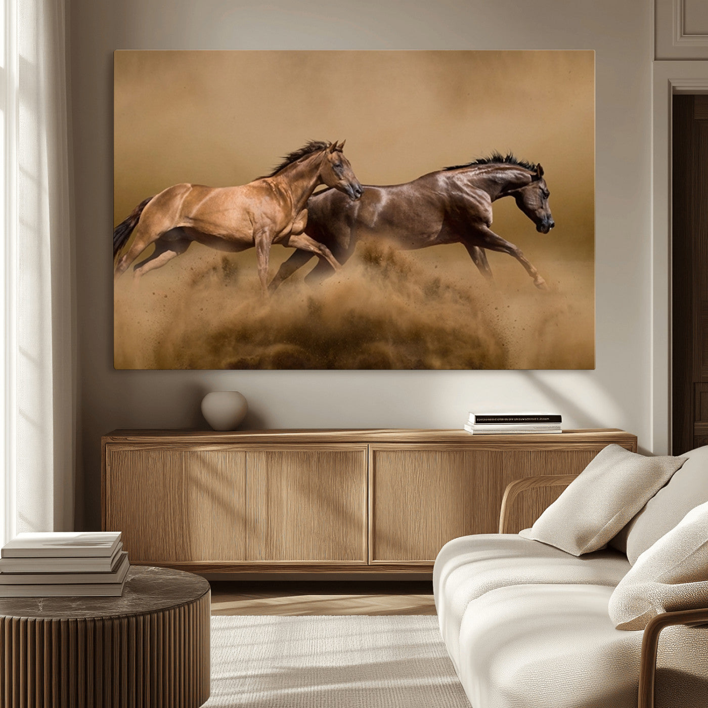 53721-MGV-CV-36X24-Large Wall Art Canvas Print – Two Running Brown Horses Motion Animal Artwork for Home, Office, Living Room Decor