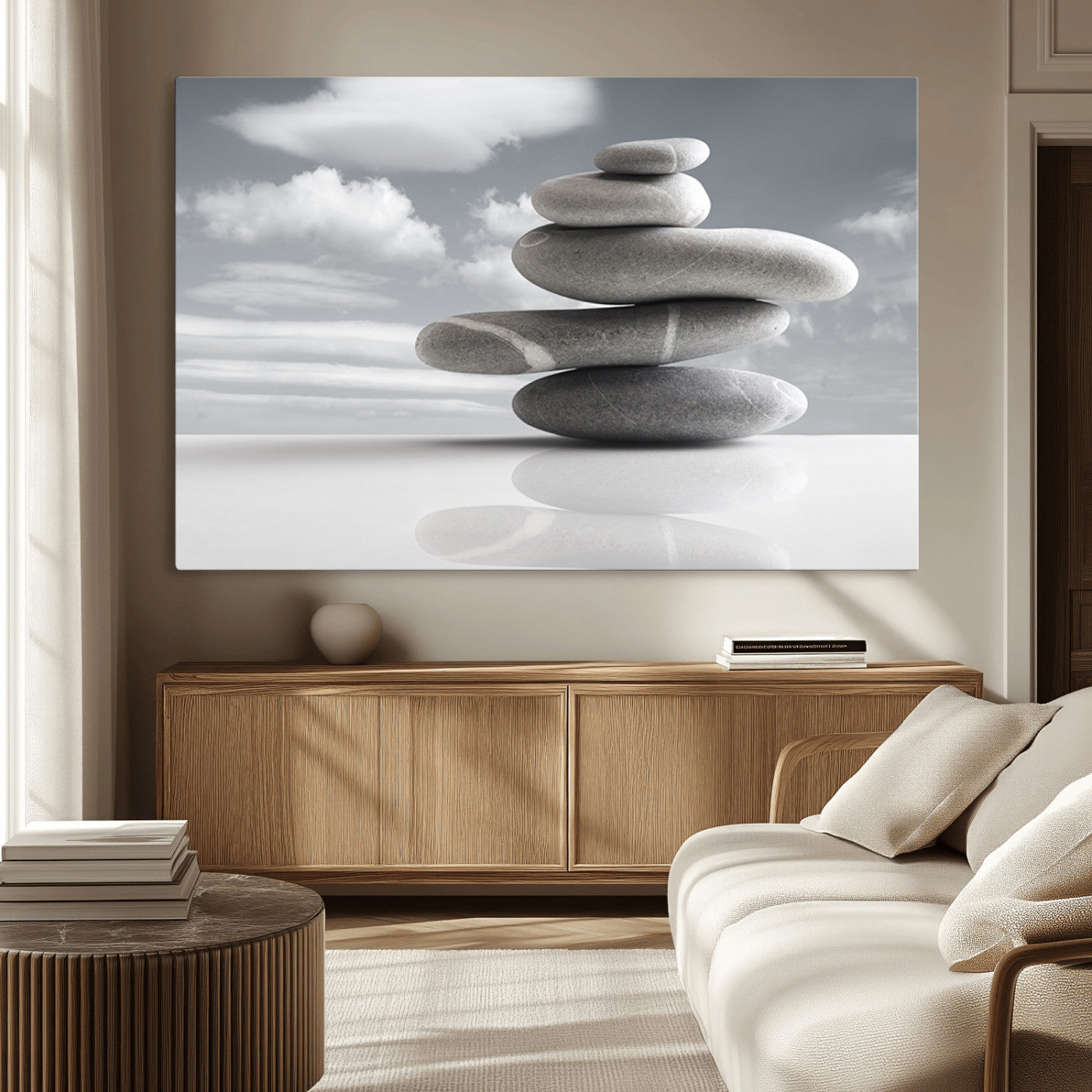 -Still Life Black and White Zen Stones Wall Art Canvas, Framed Black and White Zen Stones Canvas