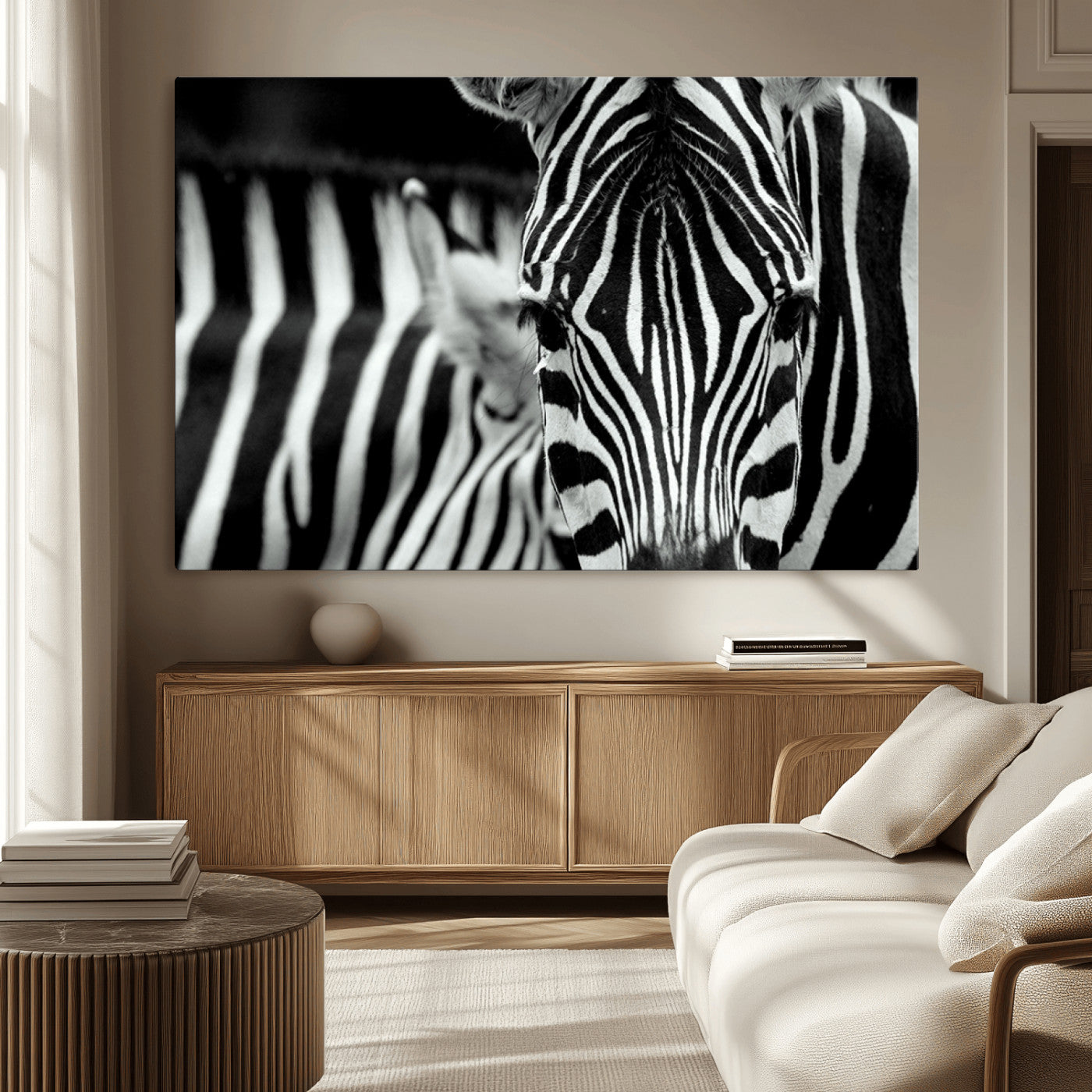 MGV-CV-36X24 - Zebra Wall Art – Close Up Black and White Animal Print, Bold Safari Decor for Living Room, Office, or Bedroom