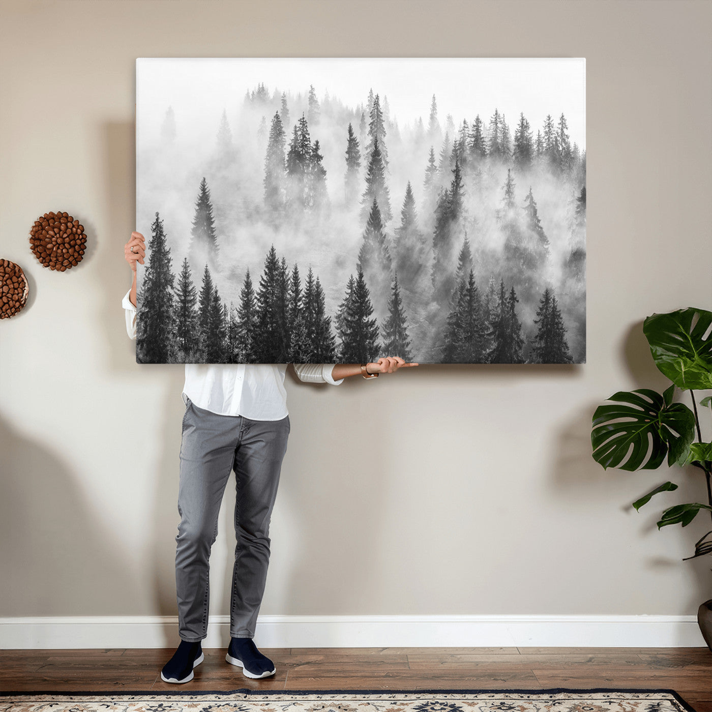 10422-MGV-CV-36X24 - Forest Wall Art Print | Foggy Pine Forest Canvas Wall Art - Black and White Nature Decor for Living