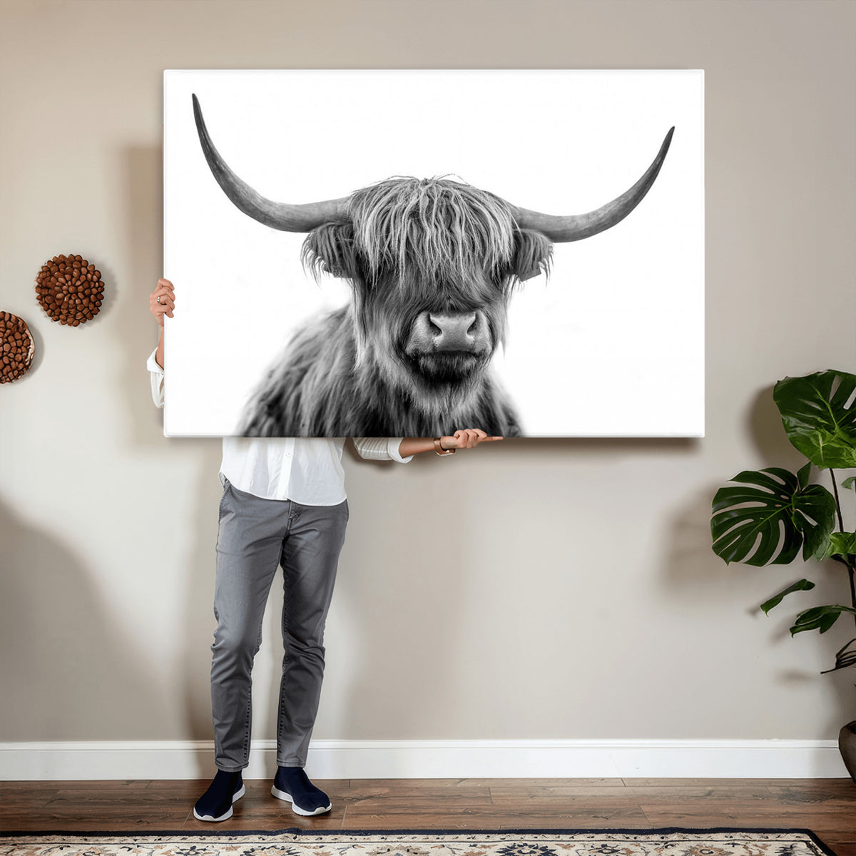 75503-_Poster-30x20 - Scottish Highland Cow Cattle Art Print Wall Art Canvas Print for Farmhouse Decor, Framed Scottish