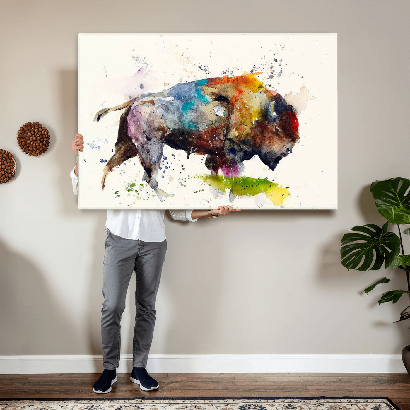 44504-MGV-CV-36X24 - Abstract Buffalo Wall Art, Western Watercolor Bison Canvas Print, Rustic Buffalo Art for Cowboy and