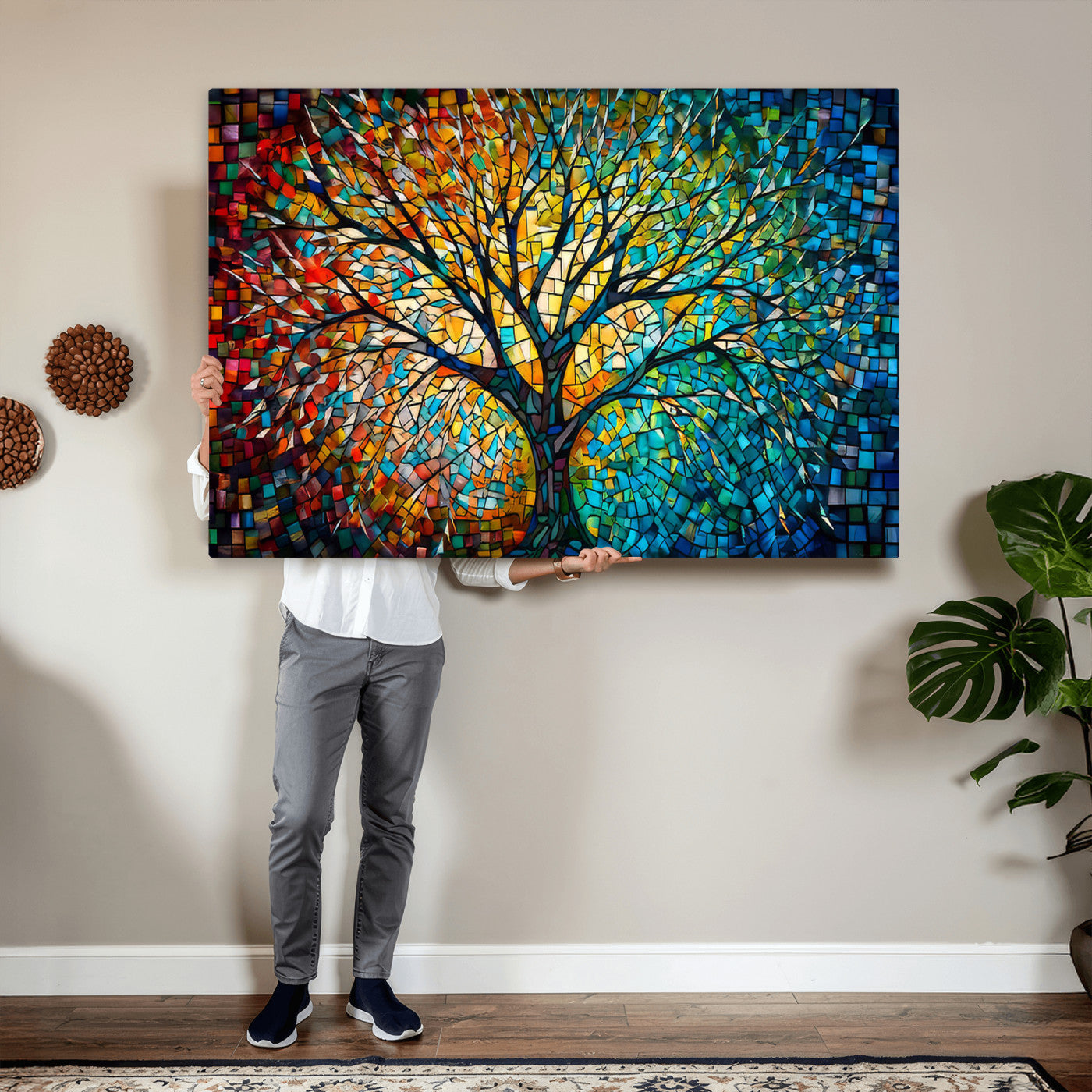 99325-MGV-CV-36X24 - Yggdrasil Tree of Life Wall Art Print Canvas | Mosaic Style 3-Panel Canvas Print