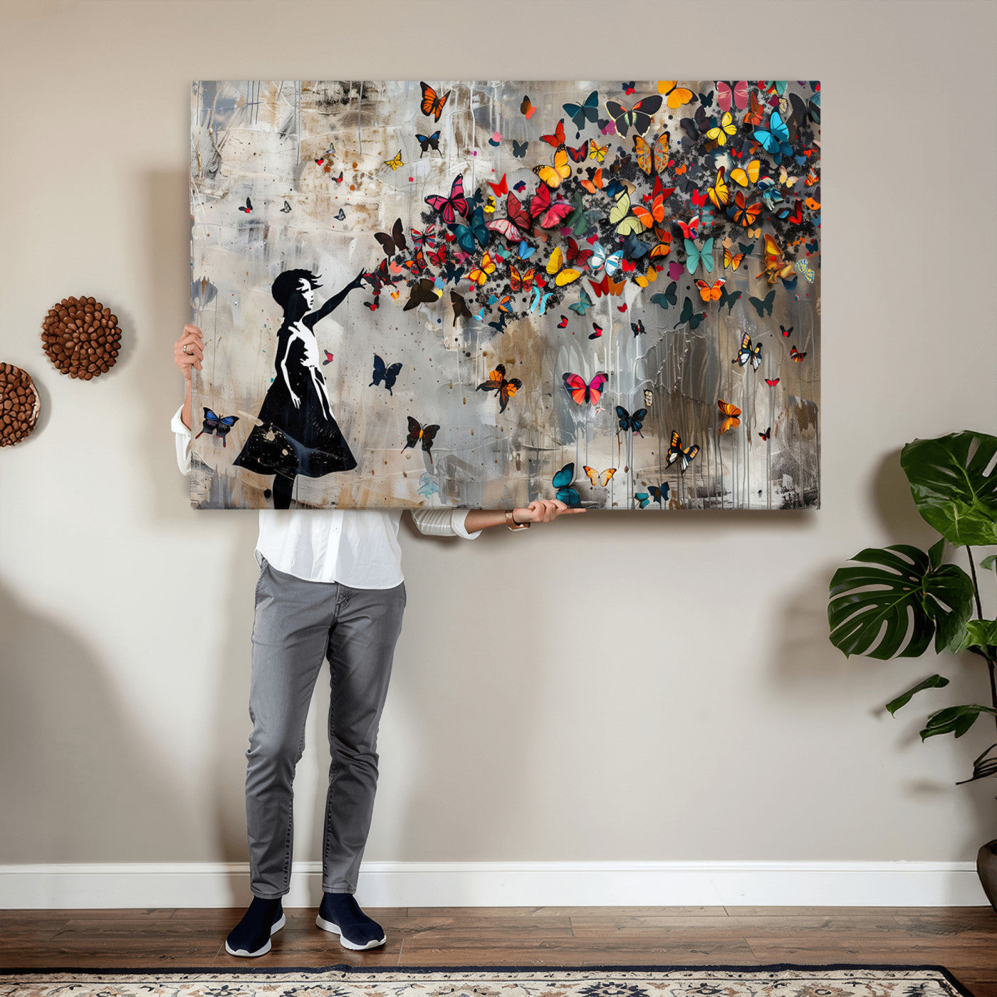 51446-MGV-CV-36X24 - Banksy Butterfly Girl Wall Art | 3-Piece Butterfly Girl Canvas