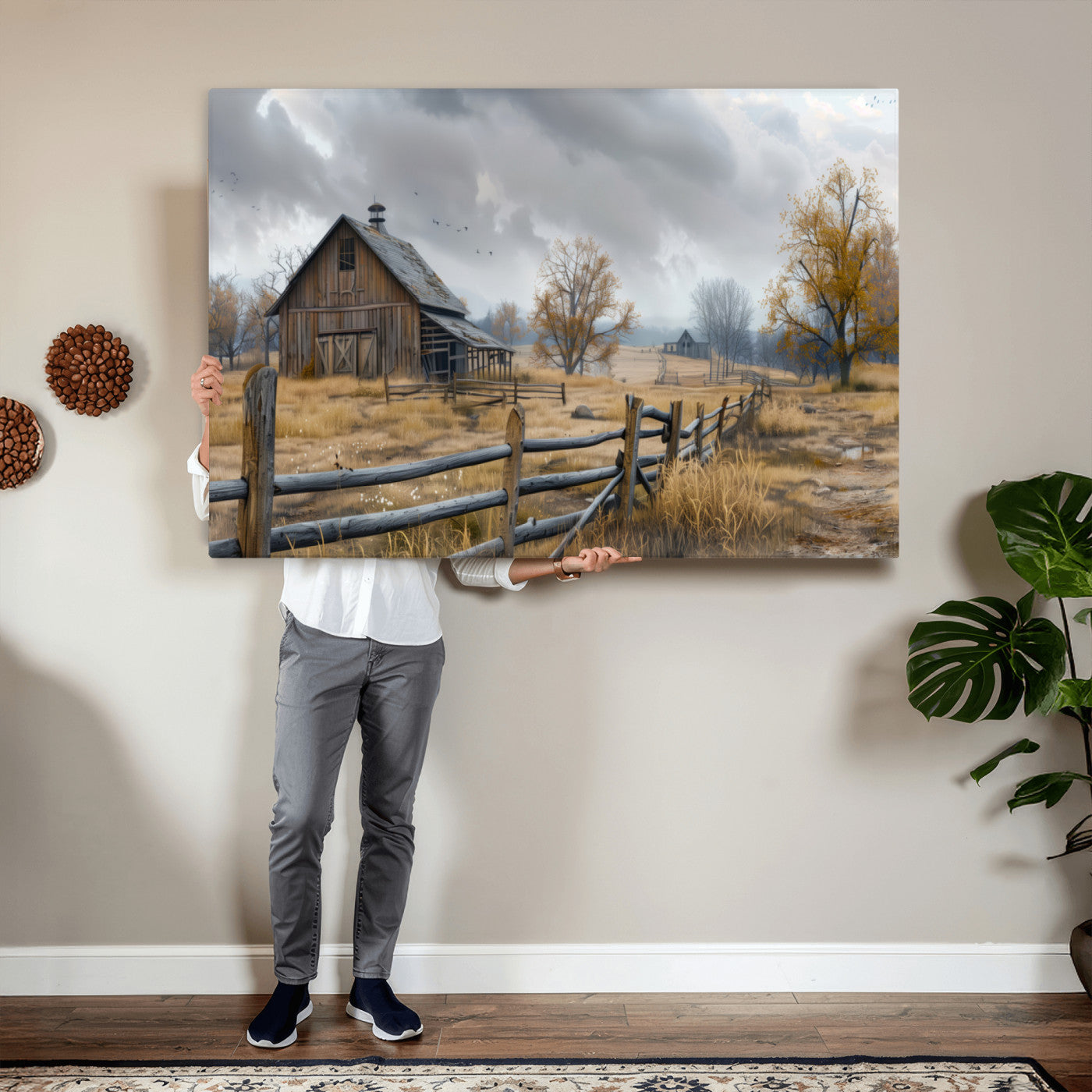 Farm1-MGV-CV-36X24 - Rustic Autumn Farmhouse Wall Art Canvas Print – Serene Countryside Scene with Weathered Barn and
