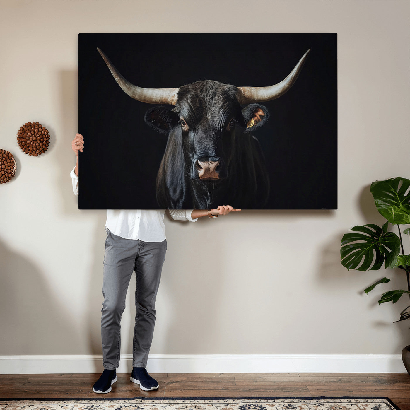 48065167-MGV-CV-36X24 - Texas Longhorn Bull Wall Art Canvas Print – Western Black Bull Art Print for Farmhouse Ranch Decor