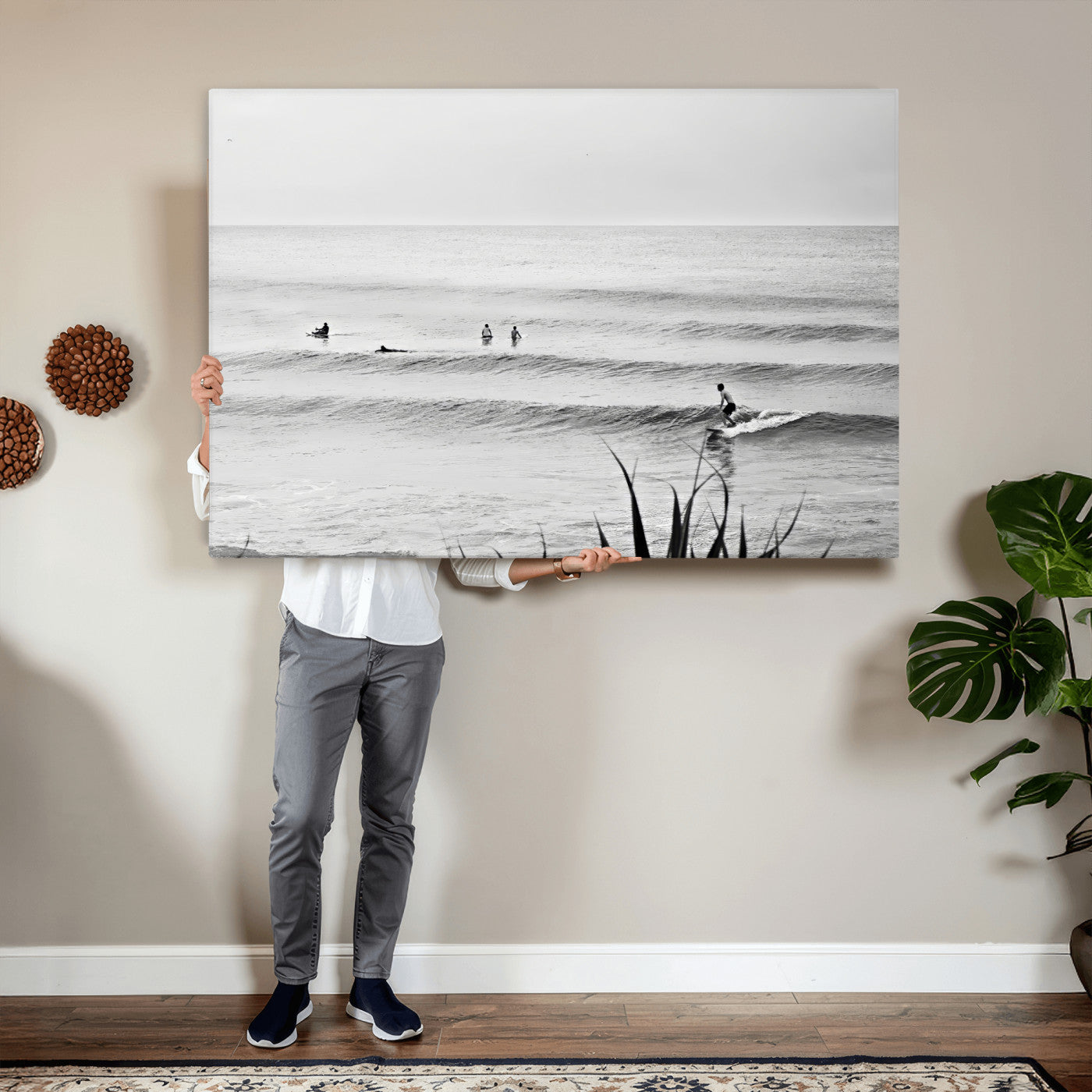 33821421-MGV-CV-36X24 - Surfer Silhouette Wall Art Canvas Print, Framed Calm Ocean Art Picture Print, Monochrome Surf Minimalist Coastal Decor Artwor