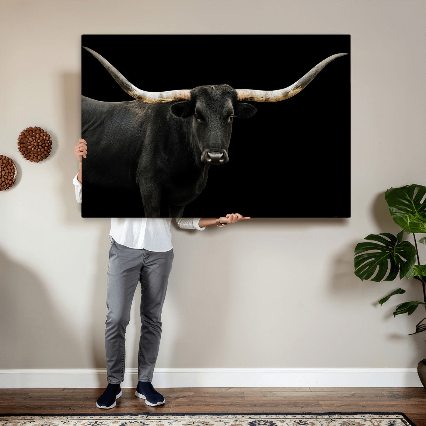 99448328-MGV-CV-36X24 - Longhorn Cattle Wall Art Canvas Print, Framed Texas Black Bull Art Picture Print, Western Cow Perfect Farmhouse Decor Artwork