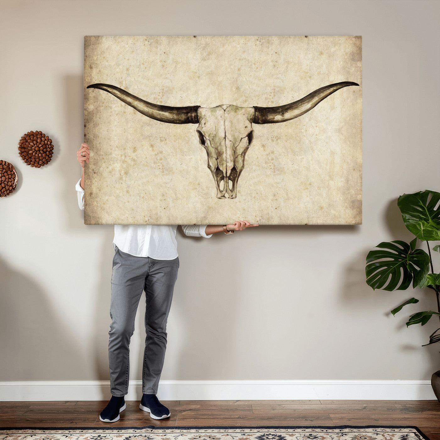 42788678-MGV-CV-36X24 - Longhorn Skull Wall Art Canvas Print – Rustic Western Artwork Print for Living Room Wall Decor