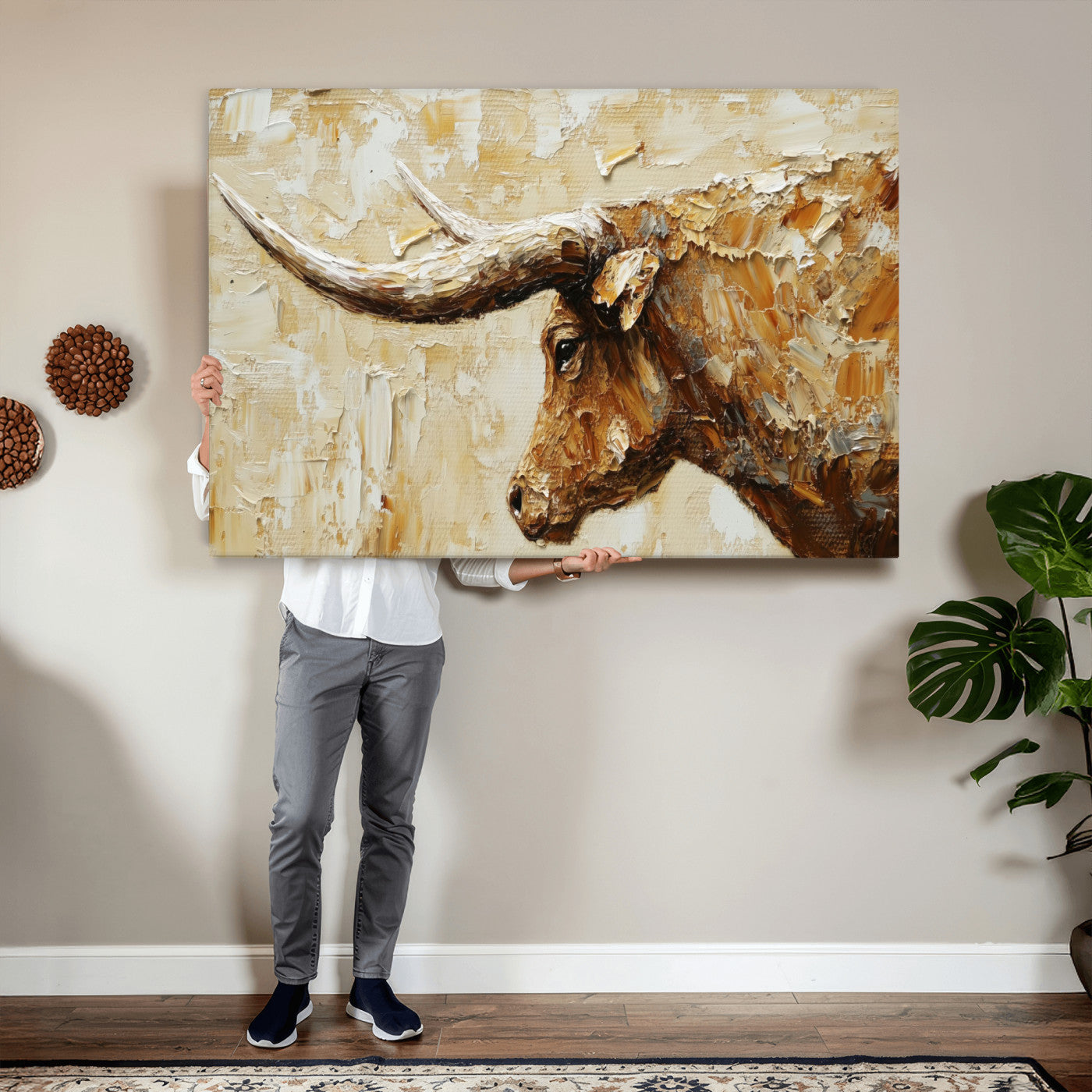 69611428-MGV-CV-36X24 - Rustic Longhorn Bull Wall Art Canvas Print – Vintage Western Cattle Painting, Texas Abstract Wall Cow Prints