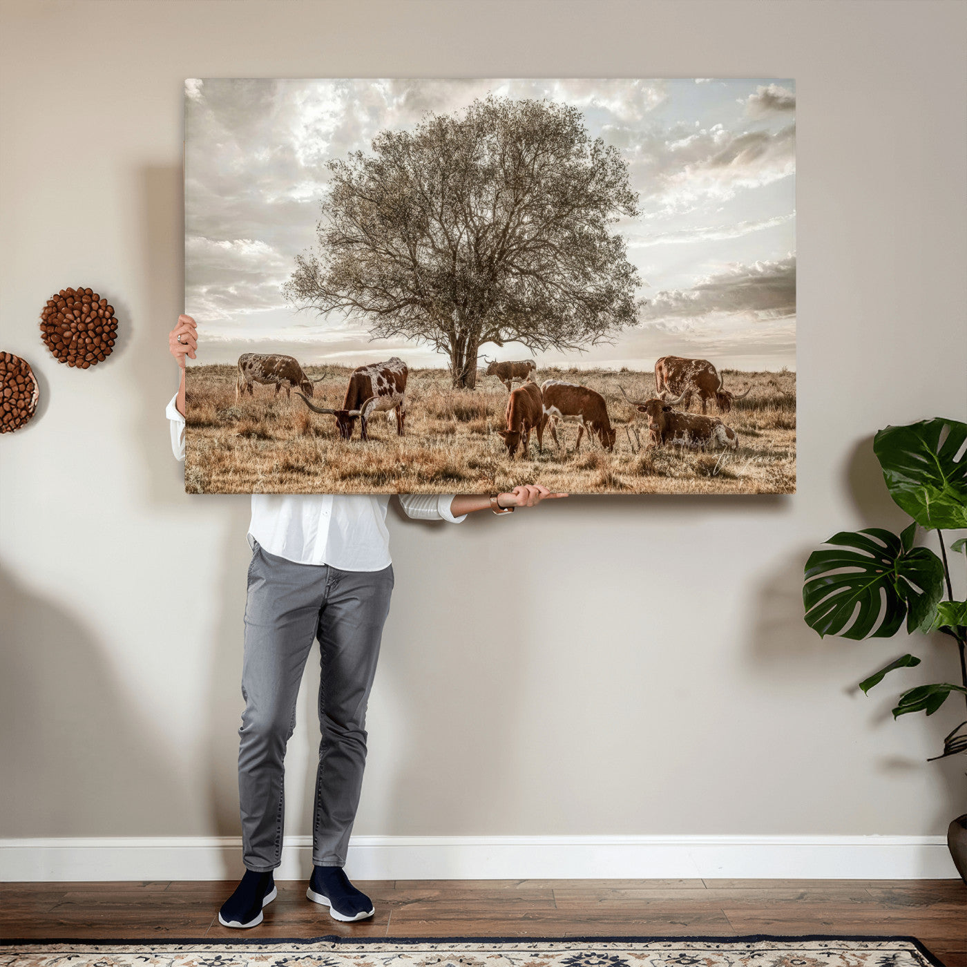 87590224-MGV-CV-36X24 - Texas Longhorn Cattle Wall Art Canvas Print – Rustic Western Ranch Scene with Steers at Sunset, Perfect for Farmhouse or Cowboy Decor