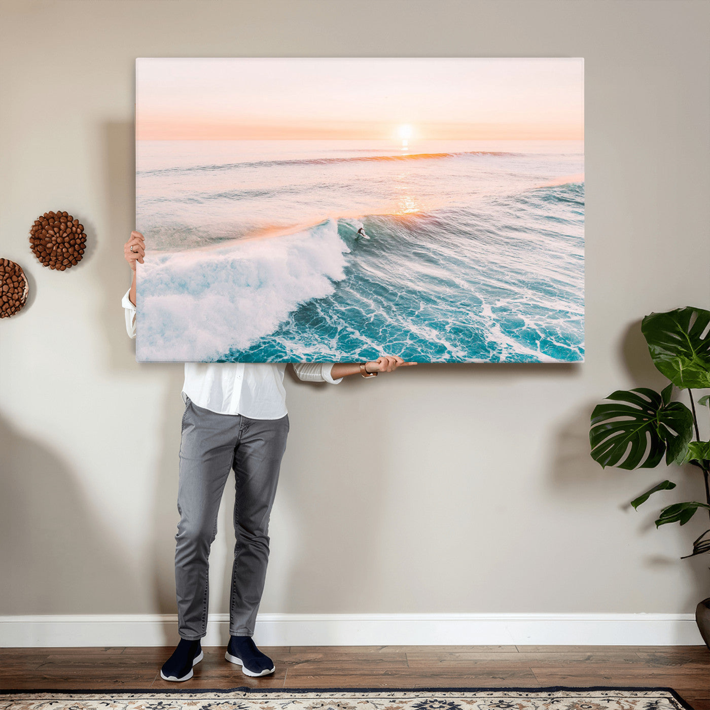 34064591-MGV-CV-36X24 - Sunset Surfing Wall Art Canvas Print, Ocean Wave Surfer with Golden Sky Artwork for Home, Office, Living Room