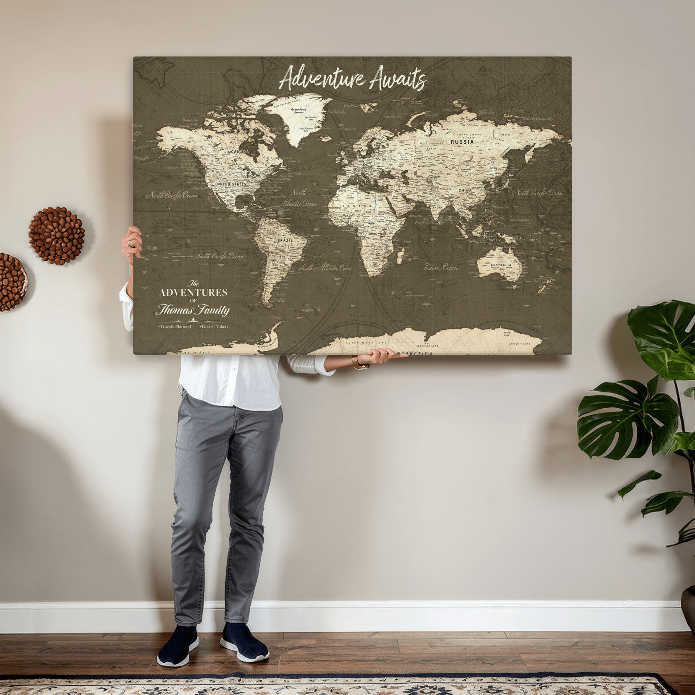 28332566-MGV-CV-36X24 - Personalized Push Pin World Map Wall Art Canvas Print with Pins – Customize Travel Tracker Map for Home and Office Décor