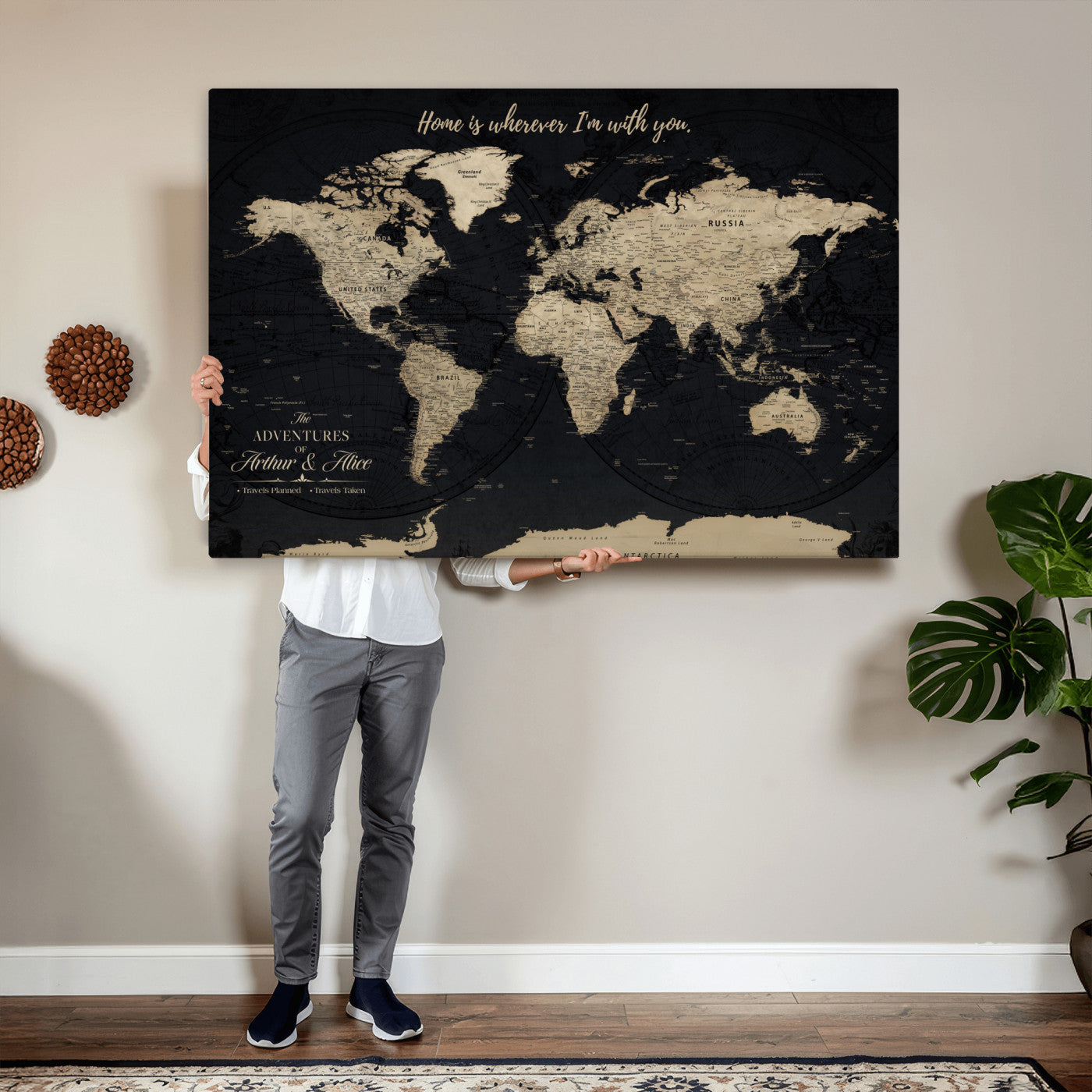 87955516-MGV-CV-36X24 - Customized Push Pin World Map Wall Art Canvas Print with Pins, Framed Personalize Travel Tracker Map, World Map for Living Room and Office Decor