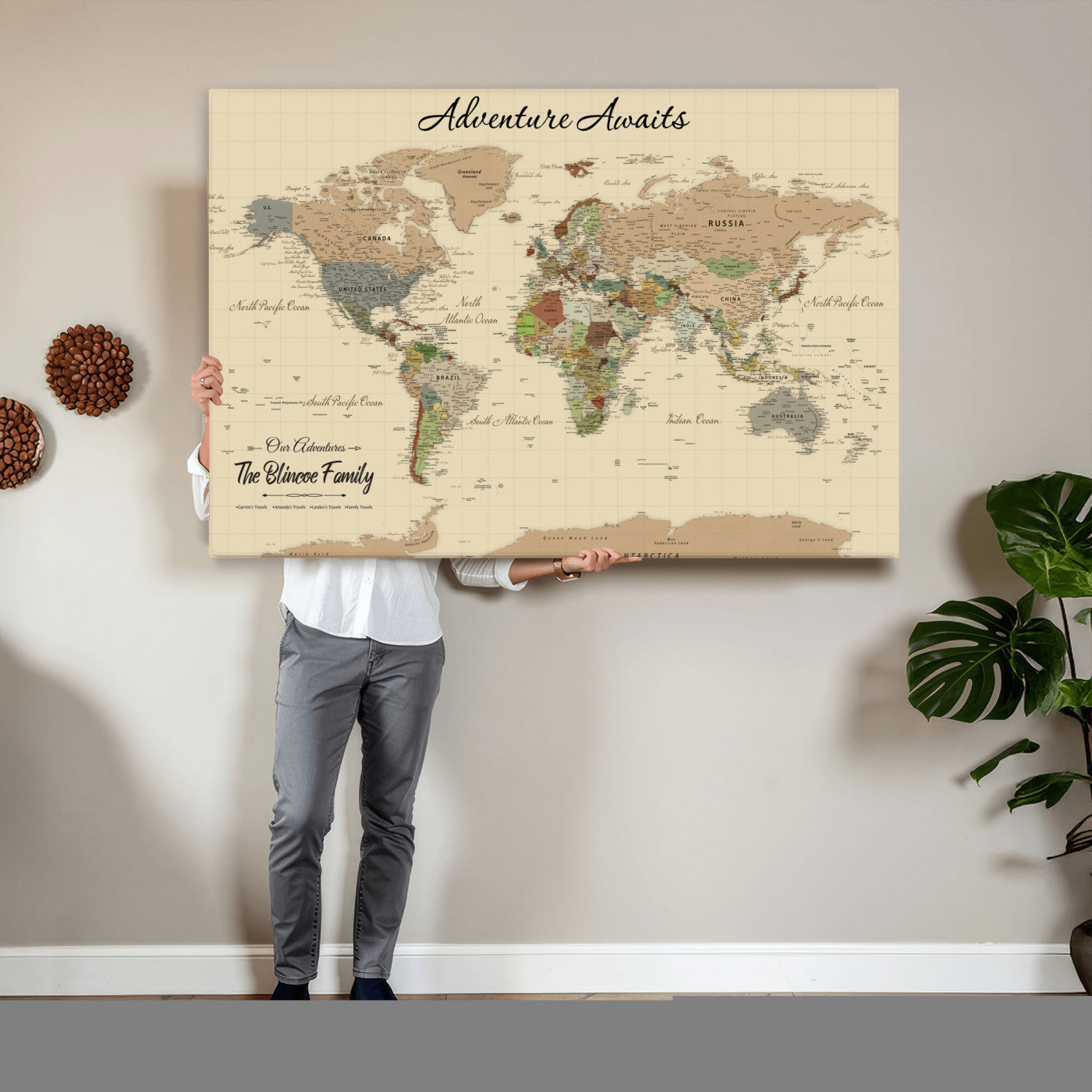 63407426-MGV-CV-36X24 - Customized Push Pin World Map Wall Art Canvas Print with Pins, Framed Personalize Travel Tracker Map, World Map for Living Room and Office Decor