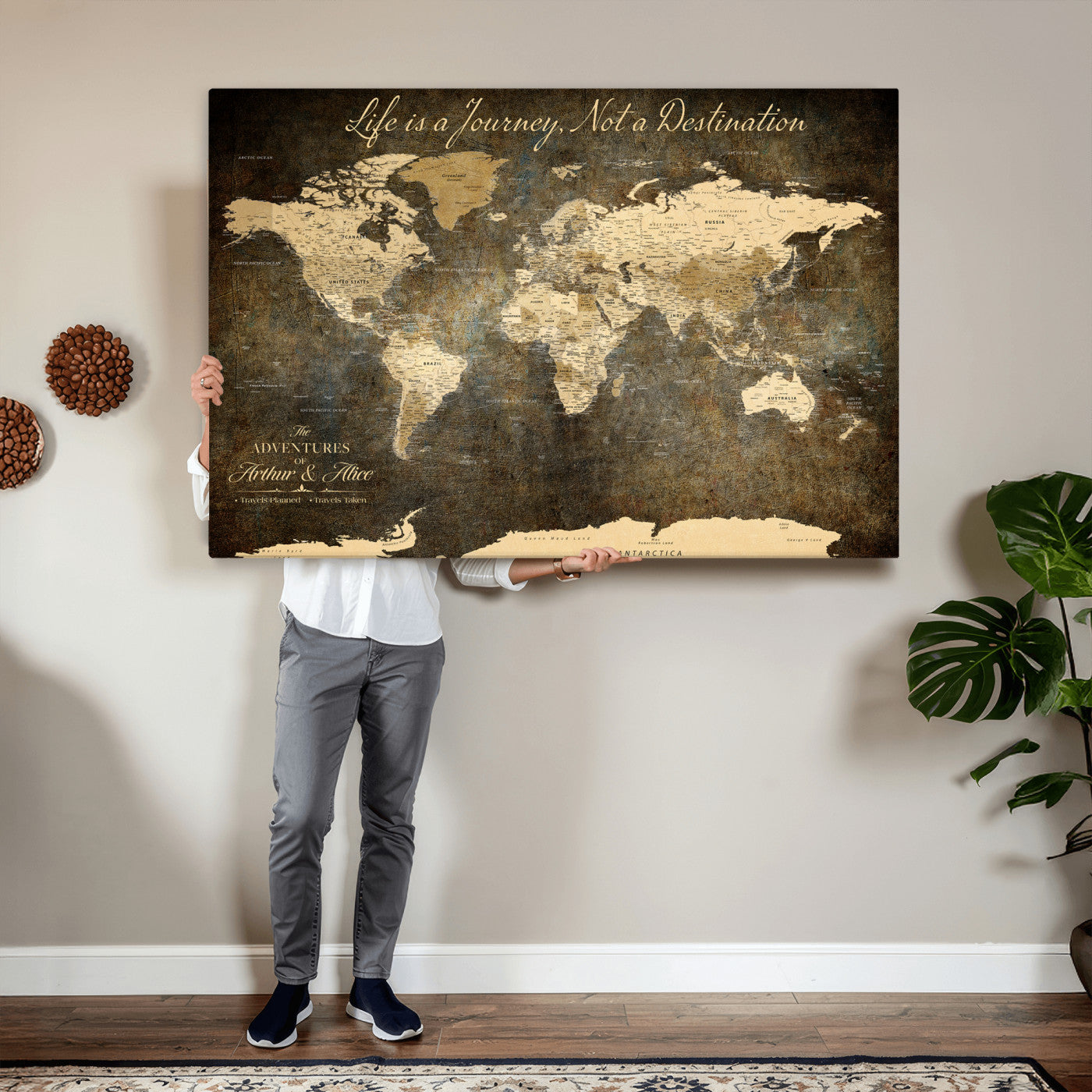 75877068-MGV-CV-36X24 - Custom Push Pin World Map Wall Art Canvas Print β Personalized Travel Tracker with Pins Framed Large for Home and Office Decor
