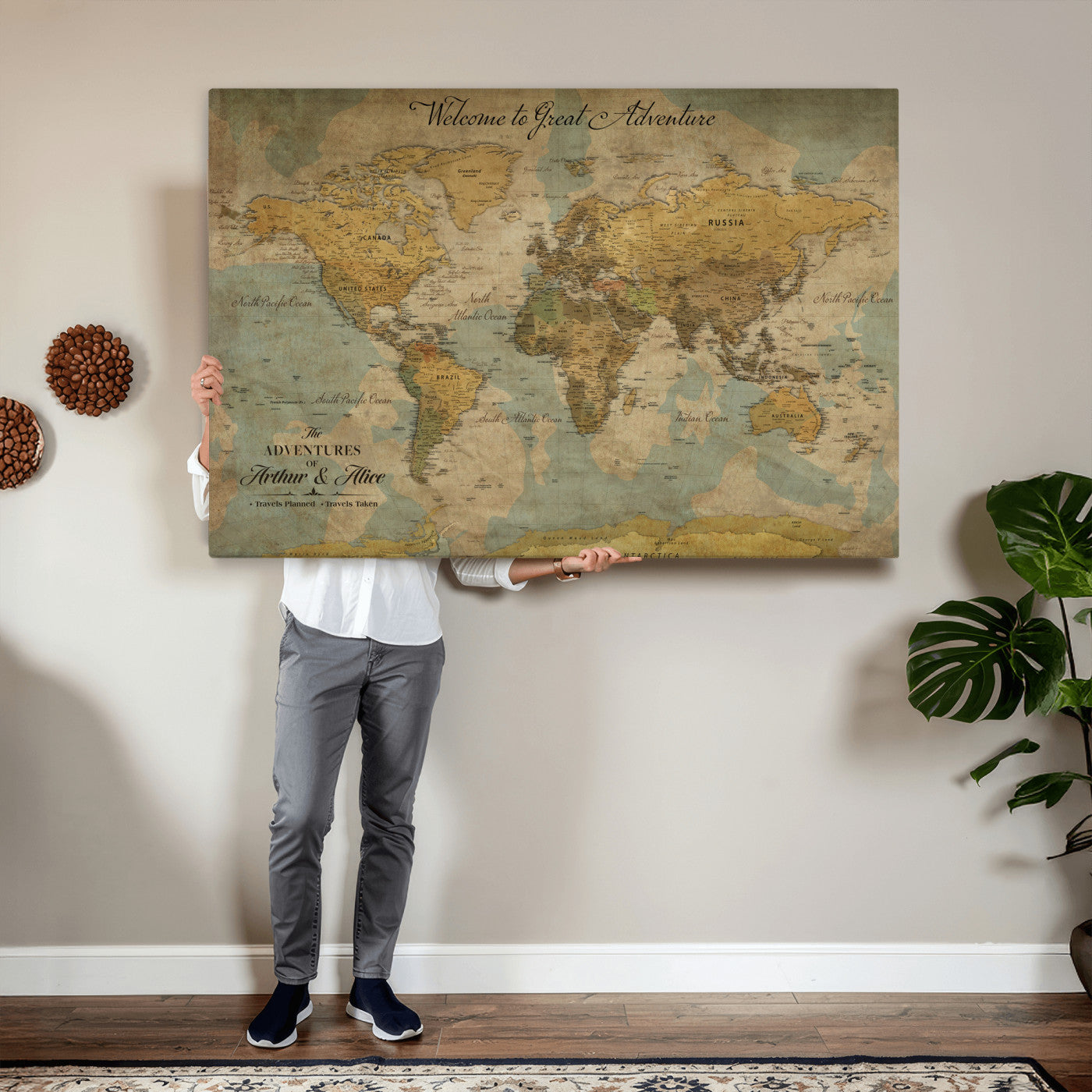 37903085-MGV-CV-36X24 - Custom Push Pin World Map Wall Art Canvas Print – Personalized Travel Tracker with Pins Framed Large for Home and Office Decor