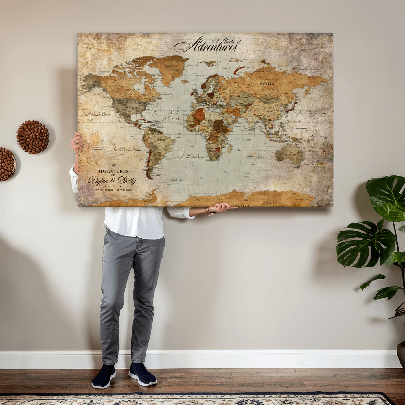 54461872-MGV-CV-36X24 - Custom Push Pin World Map Wall Art Canvas Print - Personalized Travel Tracker with Pins Framed Large for Home and Office Decor
