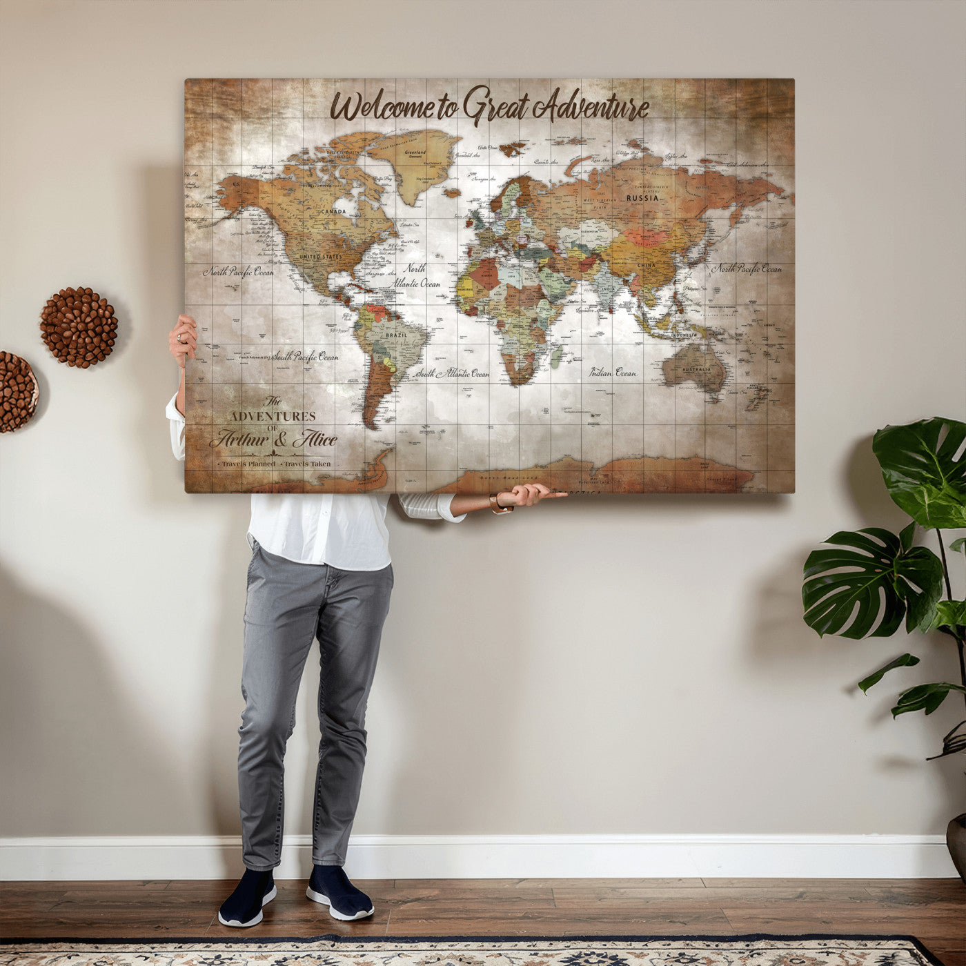 94821994-MGV-CV-36X24 - Custom Push Pin World Map Wall Art Canvas Print – Personalized Travel Tracker with Pins Framed Large for Home and Office Decor