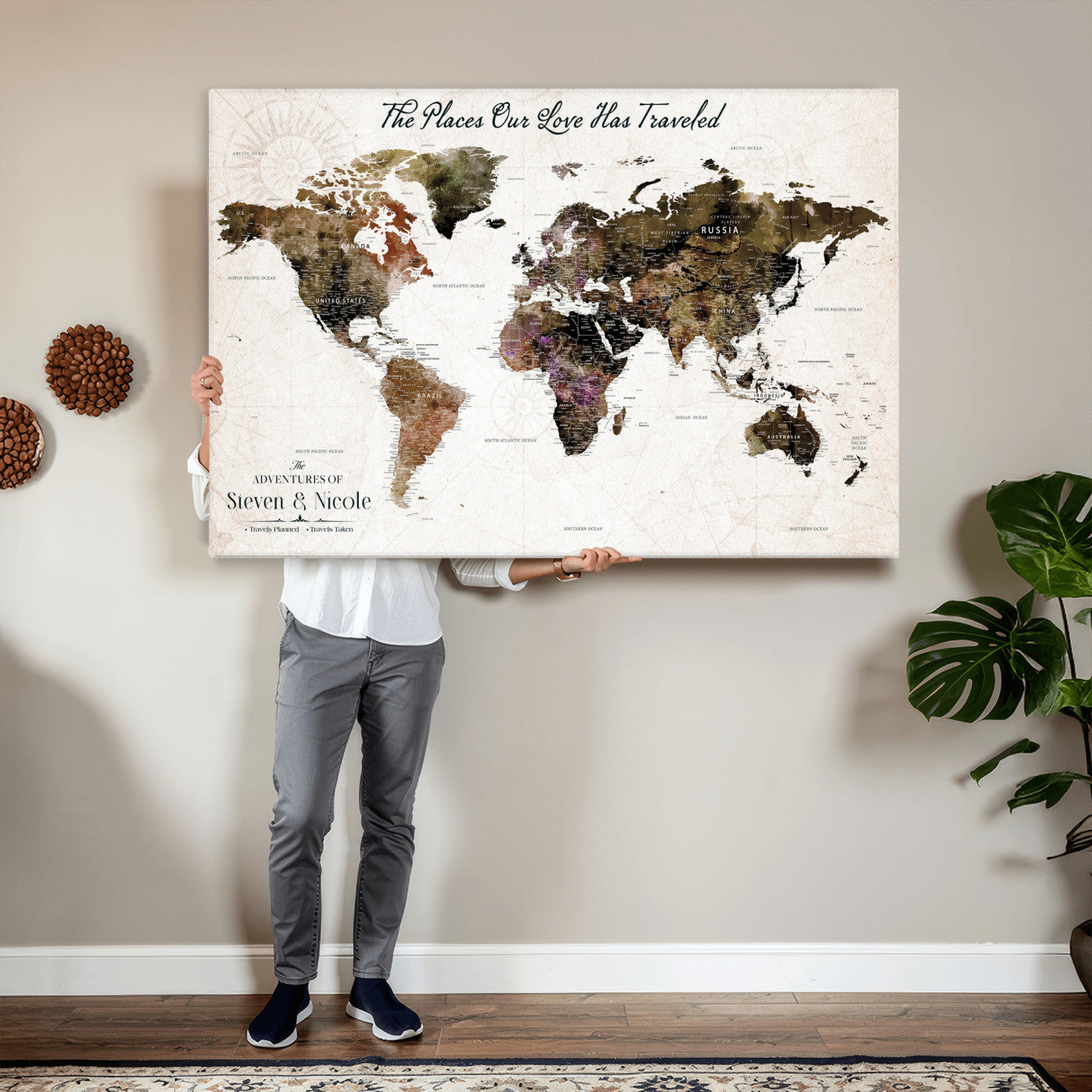 34345515-MGV-CV-36X24 - Custom Push Pin World Map Wall Art Canvas Print – Personalized Travel Tracker with Pins Framed Large for Home and Office Decor