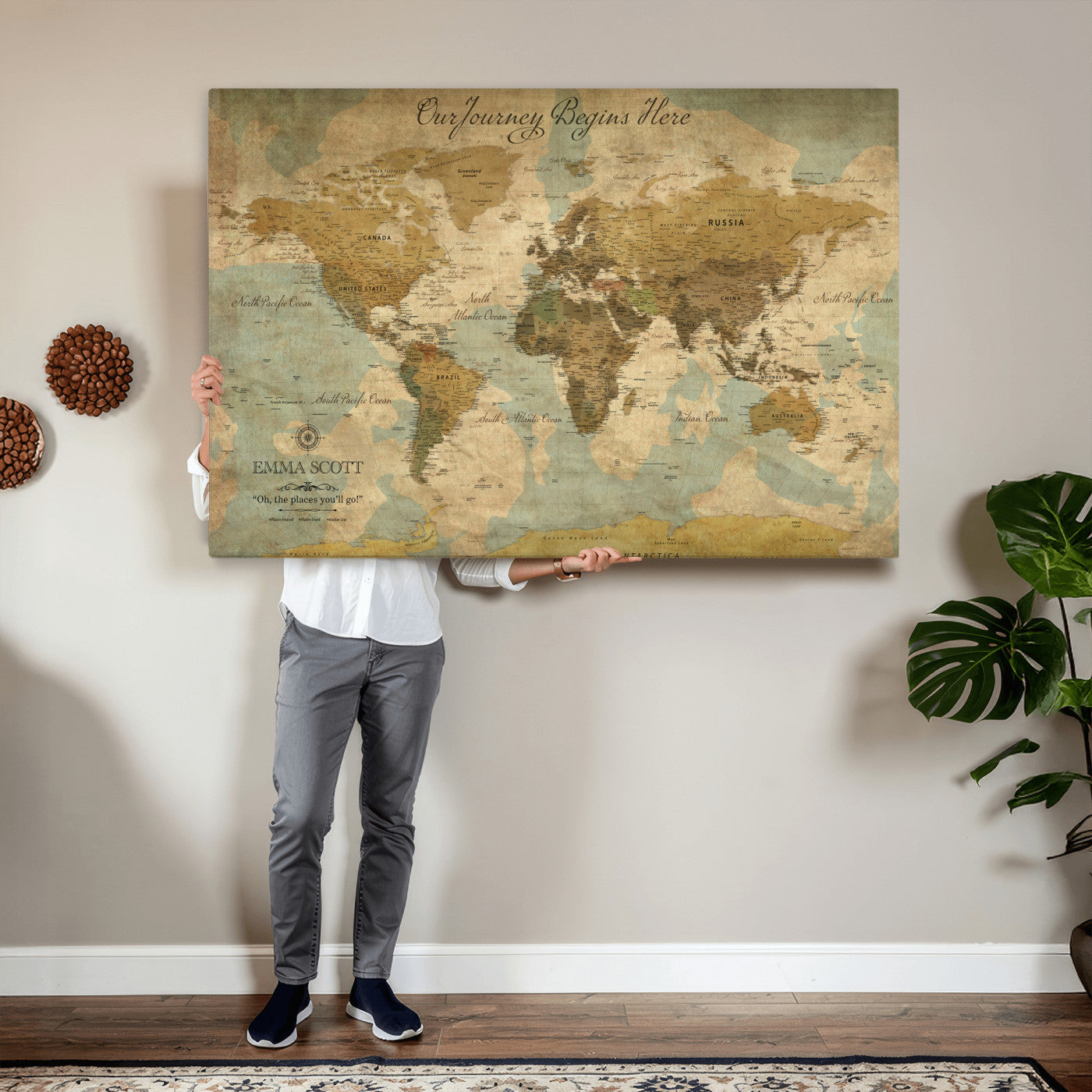 66550749-MGV-CV-36X24 - Custom Push Pin World Map Wall Art Canvas Print – Personalized Travel Tracker with Pins Framed Large for Home and Office Decor