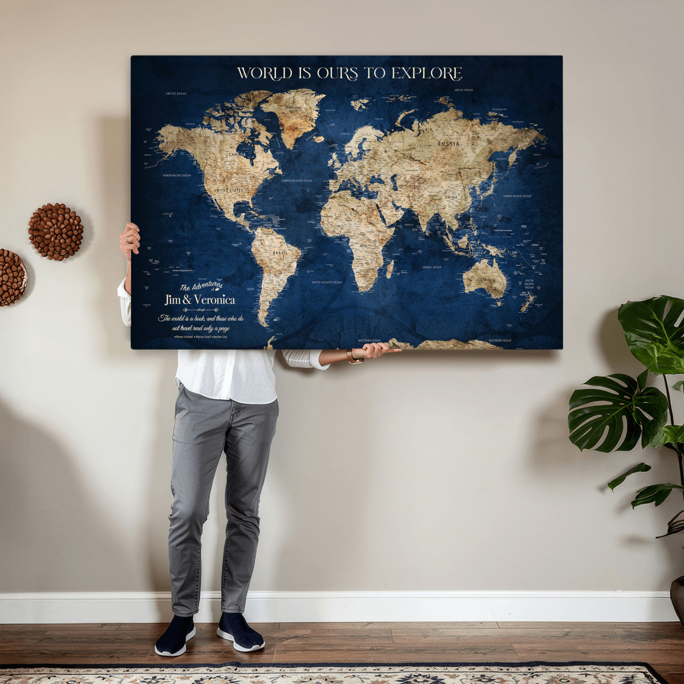 35296308-MGV-CV-36X24 - Custom Push Pin World Map Wall Art Canvas Print – Personalized Travel Tracker with Pins Framed Large for Home and Office Decor
