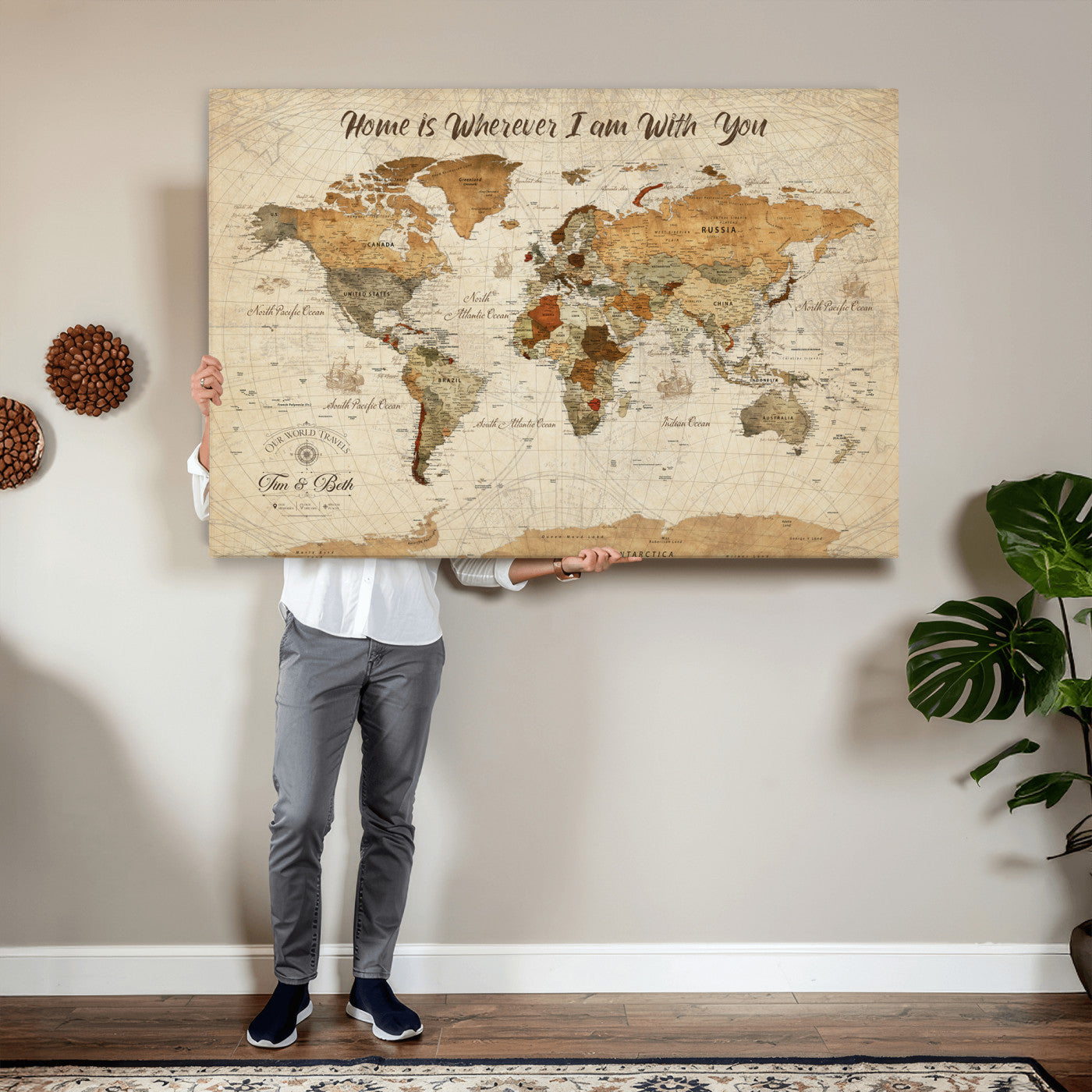 53710338-MGV-CV-36X24 - Custom Push Pin World Map Wall Art Canvas Print – Personalized Travel Tracker with Pins Framed Large for Home and Office Decor