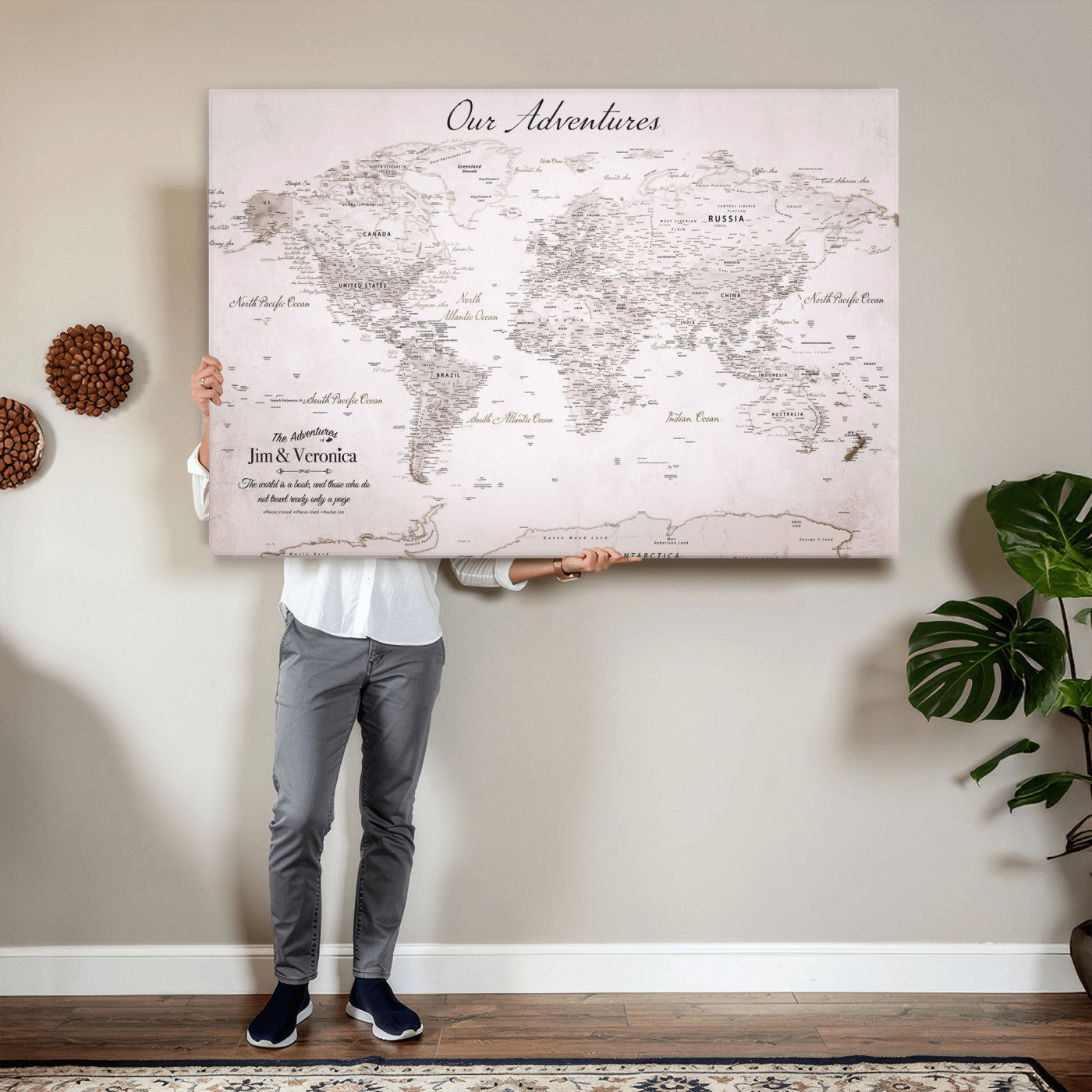 62392749-MGV-CV-36X24 - Custom Push Pin World Map Wall Art Canvas Print – Personalized Travel Tracker with Pins Framed Large for Home and Office Decor