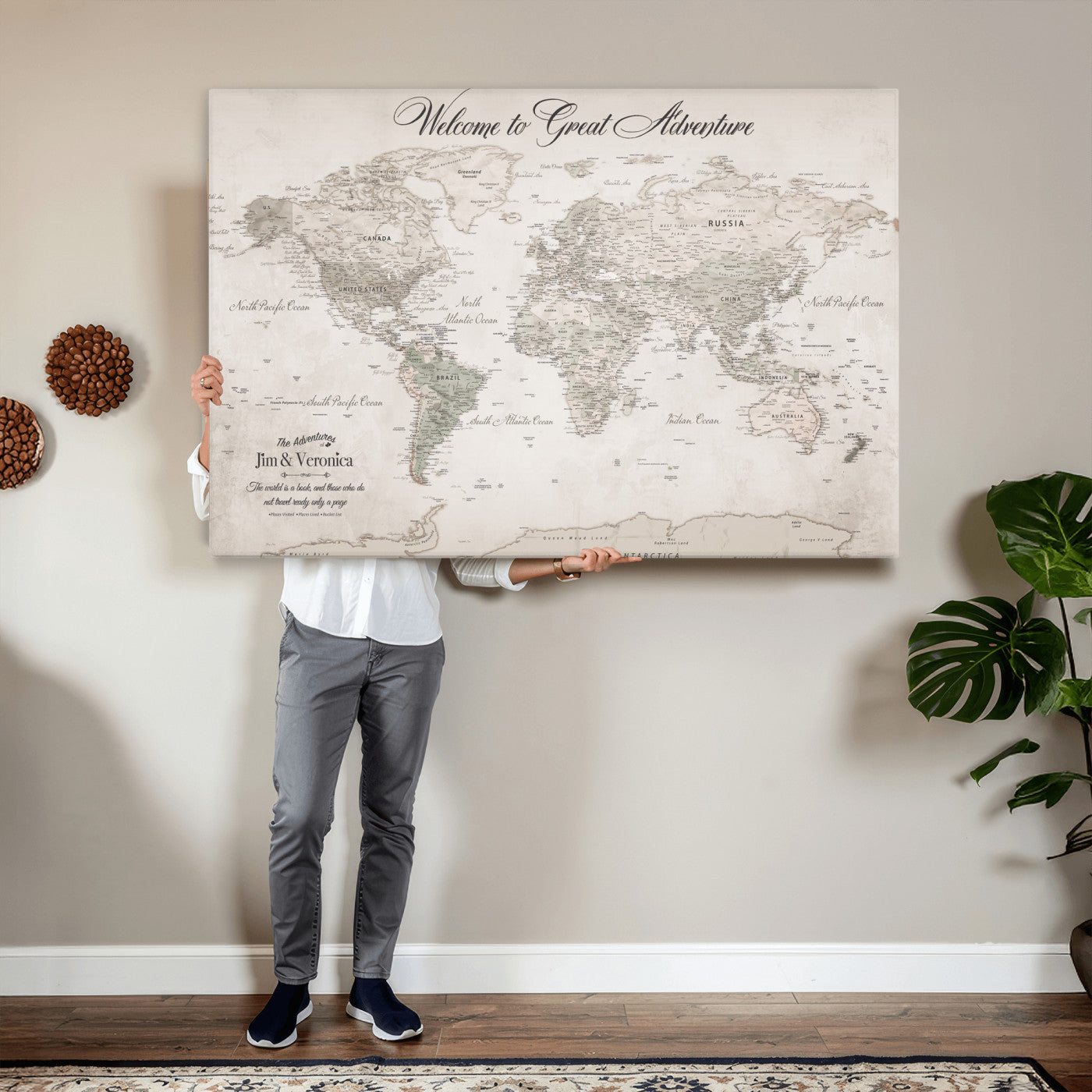84311132-MGV-CV-36X24 - Custom Push Pin World Map Wall Art Canvas Print – Personalized Travel Tracker with Pins Framed Large for Home and Office Decor