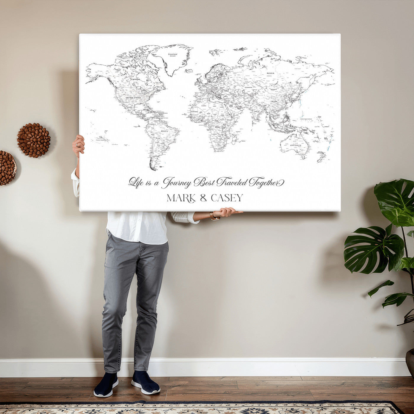 57820424-MGV-CV-36X24 - Custom Push Pin World Map Wall Art Canvas Print – Personalized Travel Tracker with Pins Framed Large for Home and Office Decor