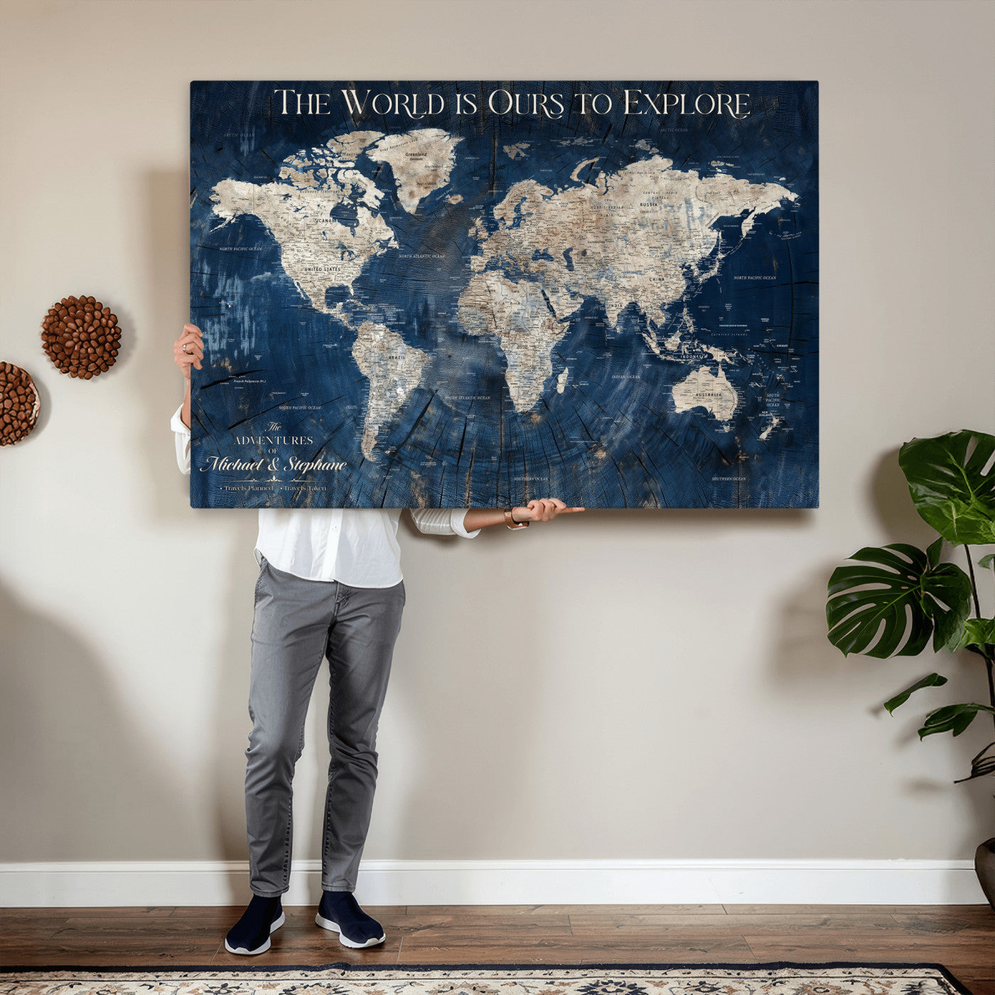 76965912-MGV-CV-36X24 - Custom Push Pin World Map Wall Art Canvas Print – Personalized Travel Tracker with Pins Framed Large for Home and Office Decor
