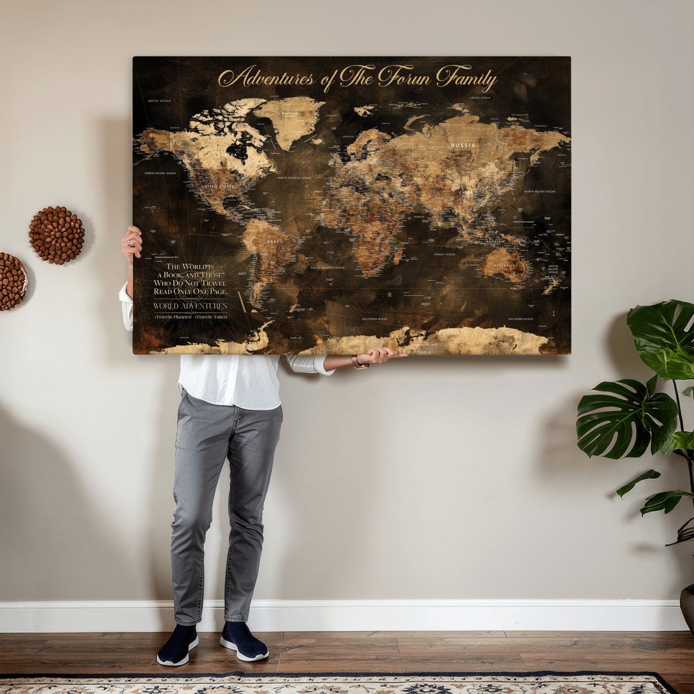 20594960-MGV-CV-36X24 - Custom Push Pin World Map Wall Art Canvas Print – Personalized Travel Tracker with Pins Framed Large for Home and Office Decor