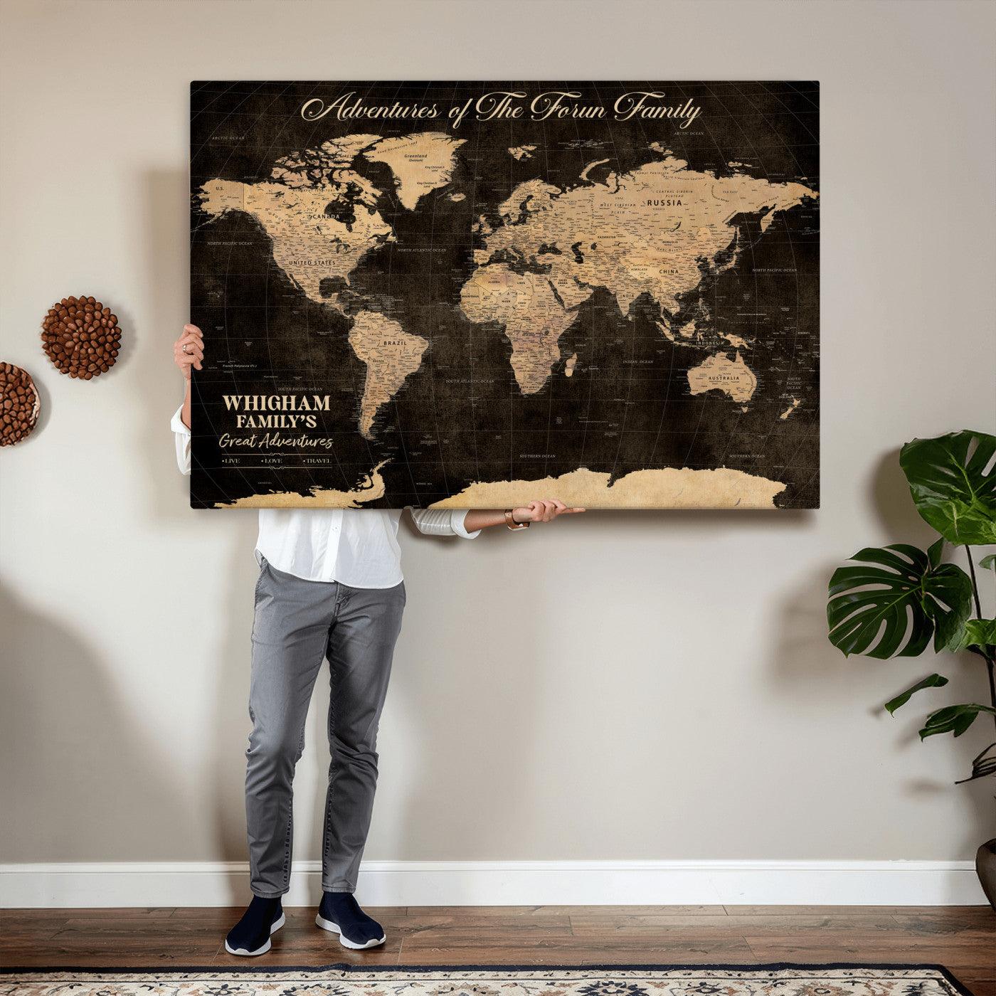 69635819-MGV-CV-36X24 - Custom Push Pin World Map Wall Art Canvas Print – Personalized Travel Tracker with Pins Framed Large for Home and Office Decor