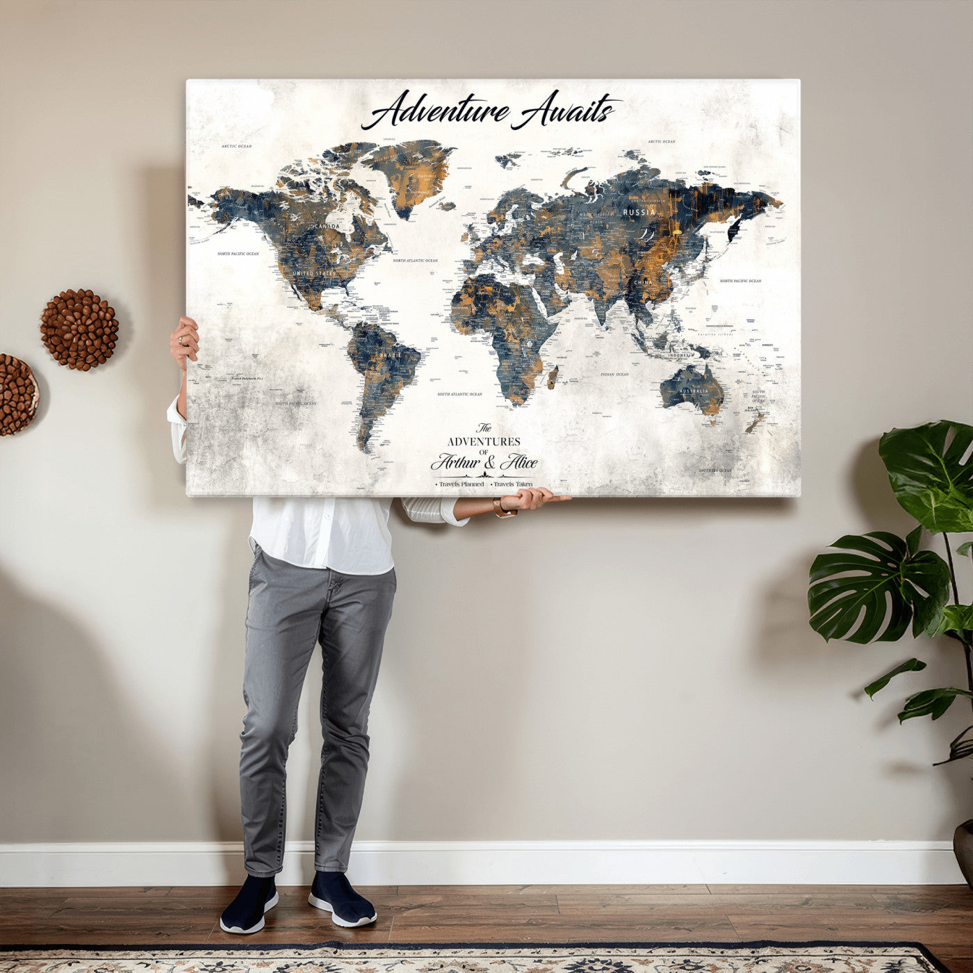 26041262-MGV-CV-36X24 - Custom Push Pin World Map Wall Art Canvas Print – Personalized Travel Tracker with Pins Framed Large for Home and Office Decor
