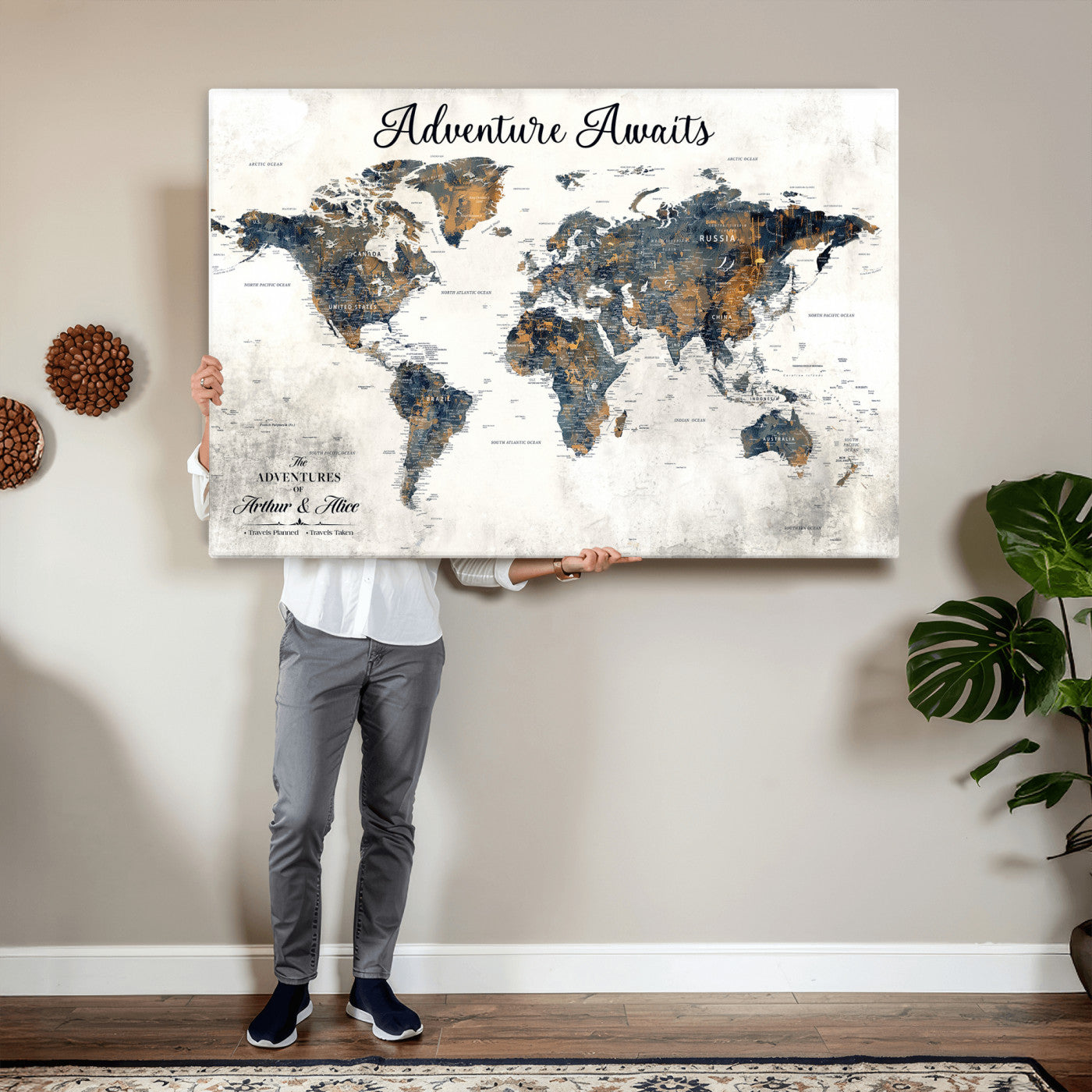 26041262-MGV-CV-36X24 - Custom Push Pin World Map Wall Art Canvas Print – Personalized Travel Tracker with Pins Framed Large for Home and Office Decor