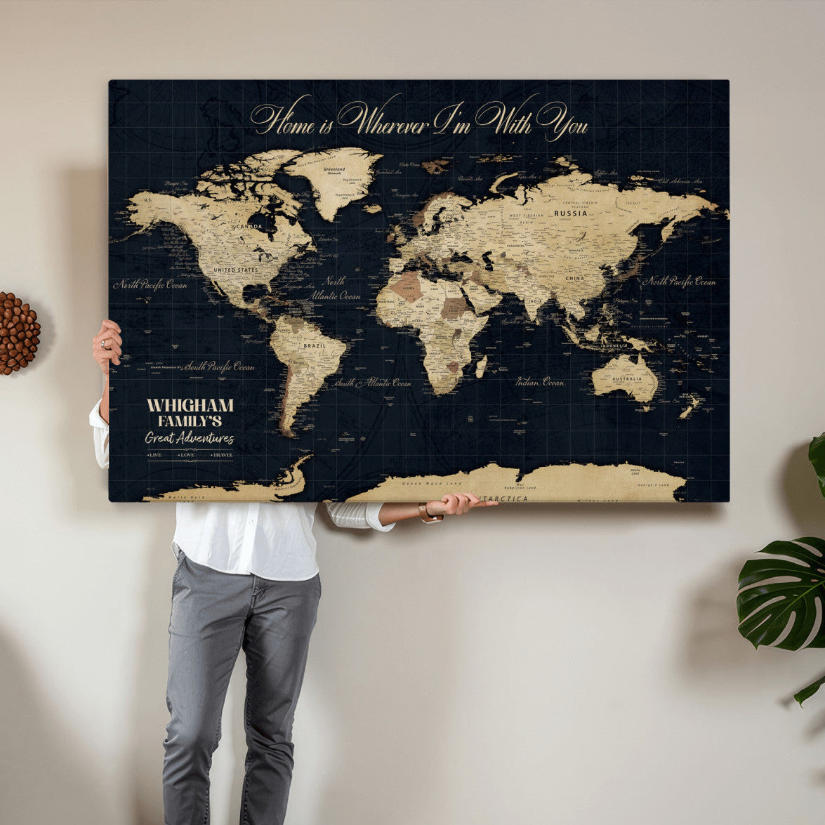 86888698-MGV-CV-36X24 - Custom Push Pin World Map Wall Art Canvas Print – Personalized Travel Tracker with Pins Framed Large for Home and Office Decor