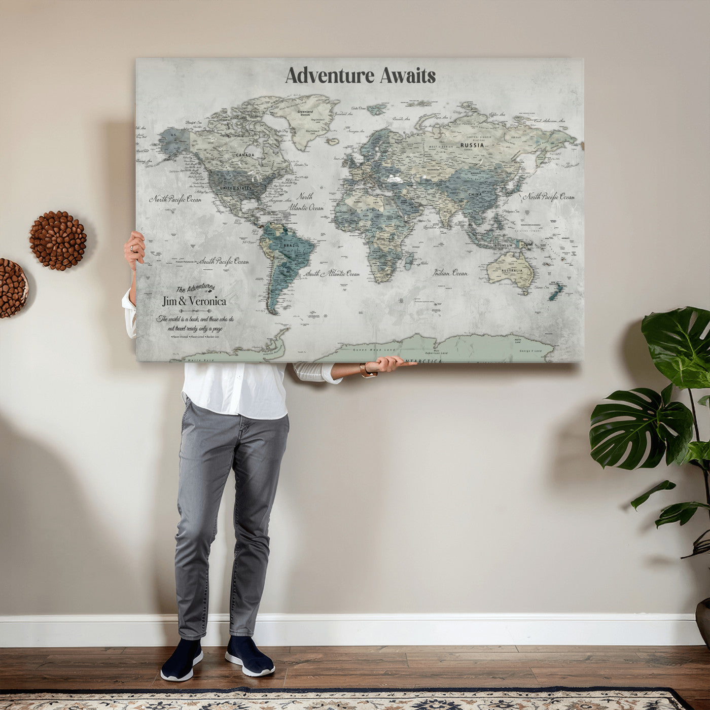 11945570-MGV-CV-36X24 - Custom Push Pin World Map Wall Art Canvas Print – Personalized Travel Tracker with Pins Framed Large for Home and Office Decor