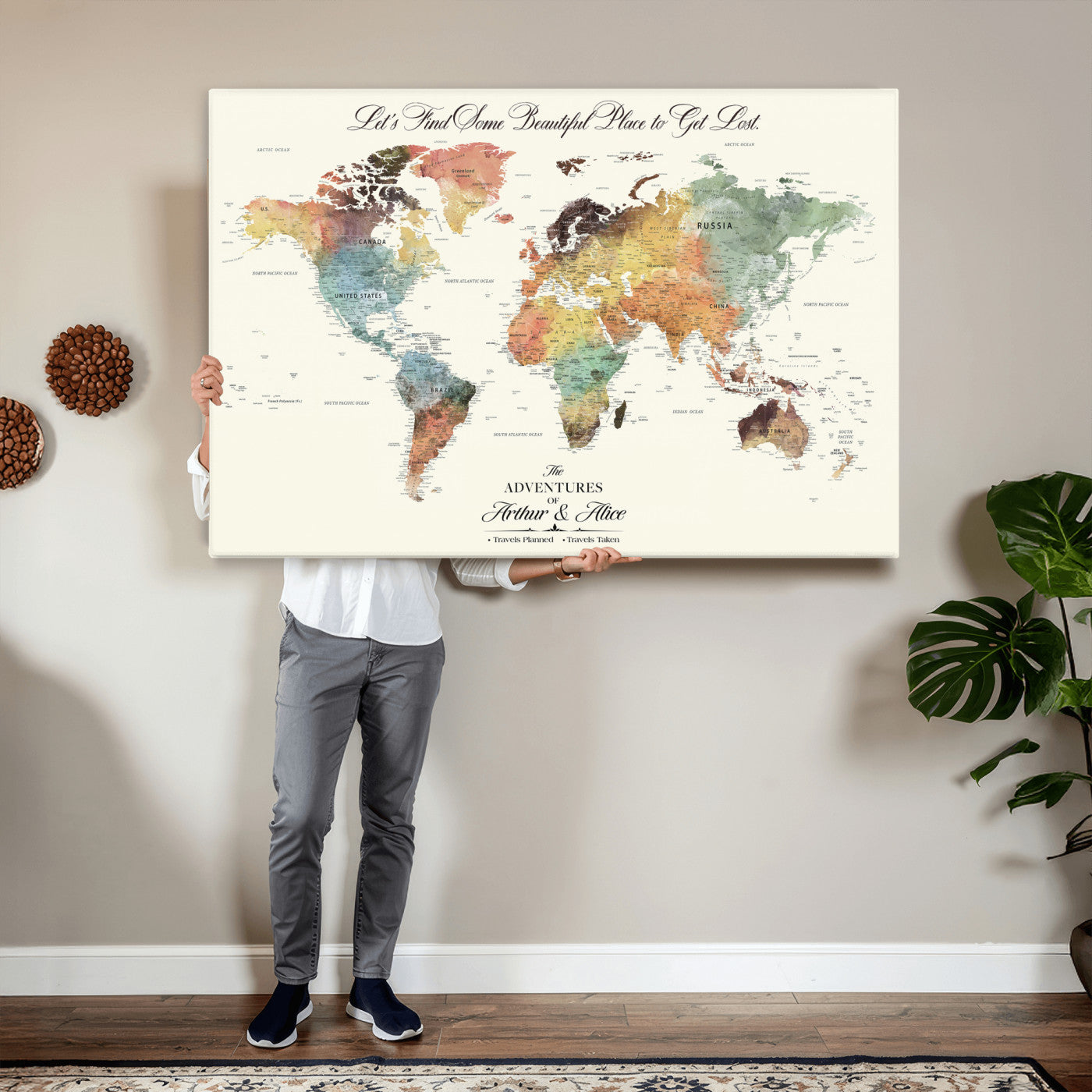 73360781-MGV-CV-36X24 - Custom Push Pin World Map Wall Art Canvas Print – Personalized Travel Tracker with Pins Framed Large for Home and Office Decor